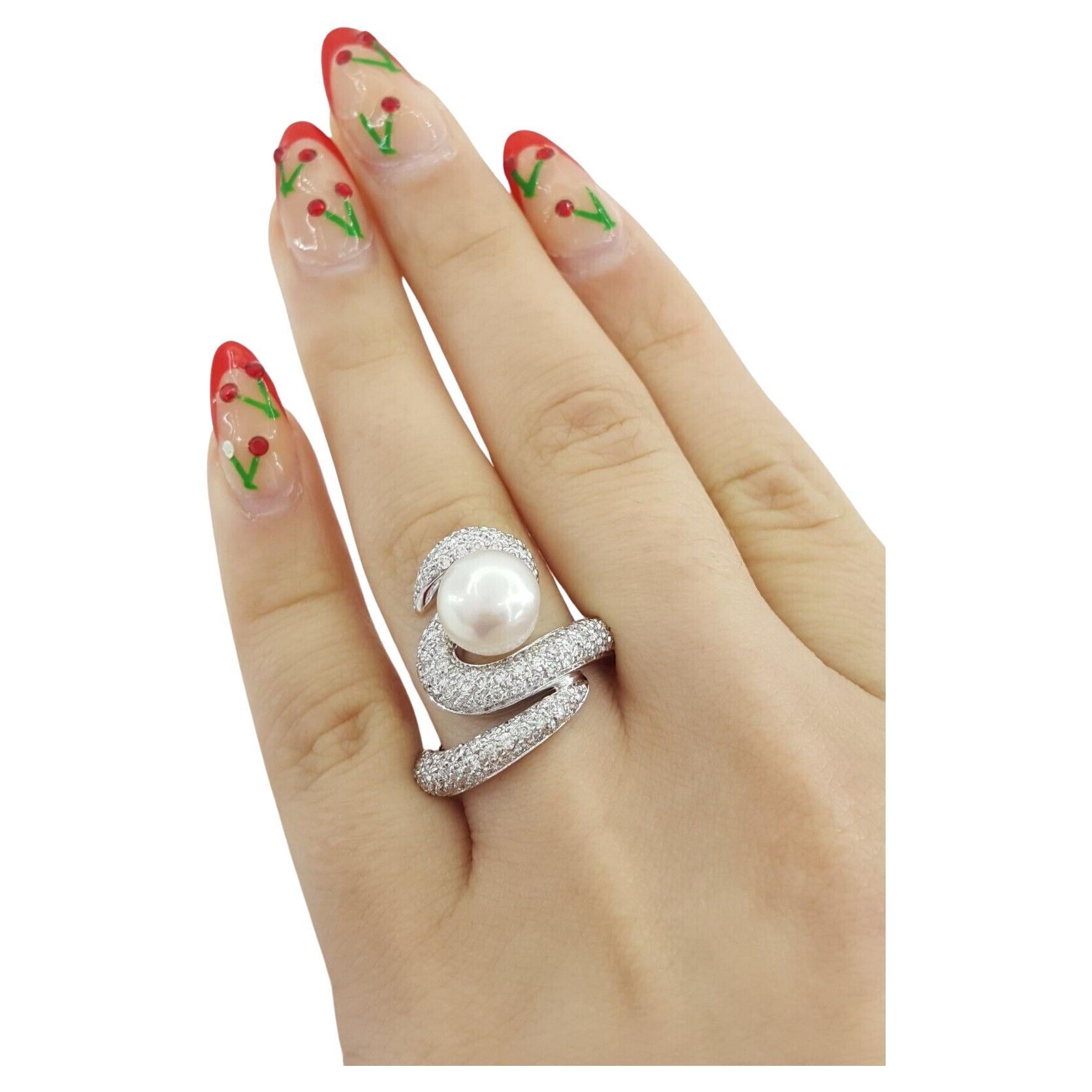 Modern 9mm Akoya Pearl Round Brilliant Cut Diamond Ring For Sale