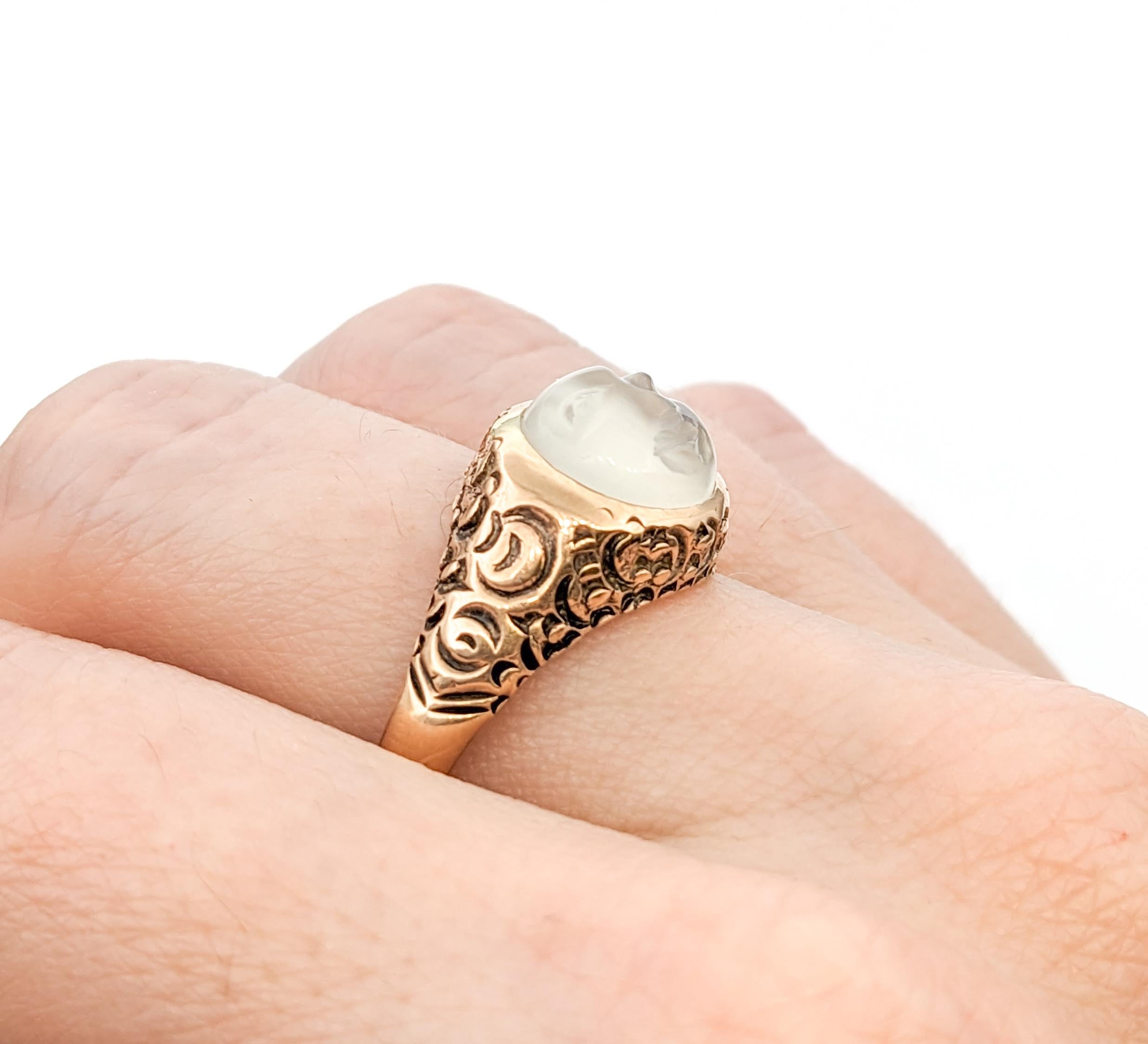 Women's Antique Carved Man in the Moon Cabochon Moonstone Ring In Yellow Gold For Sale