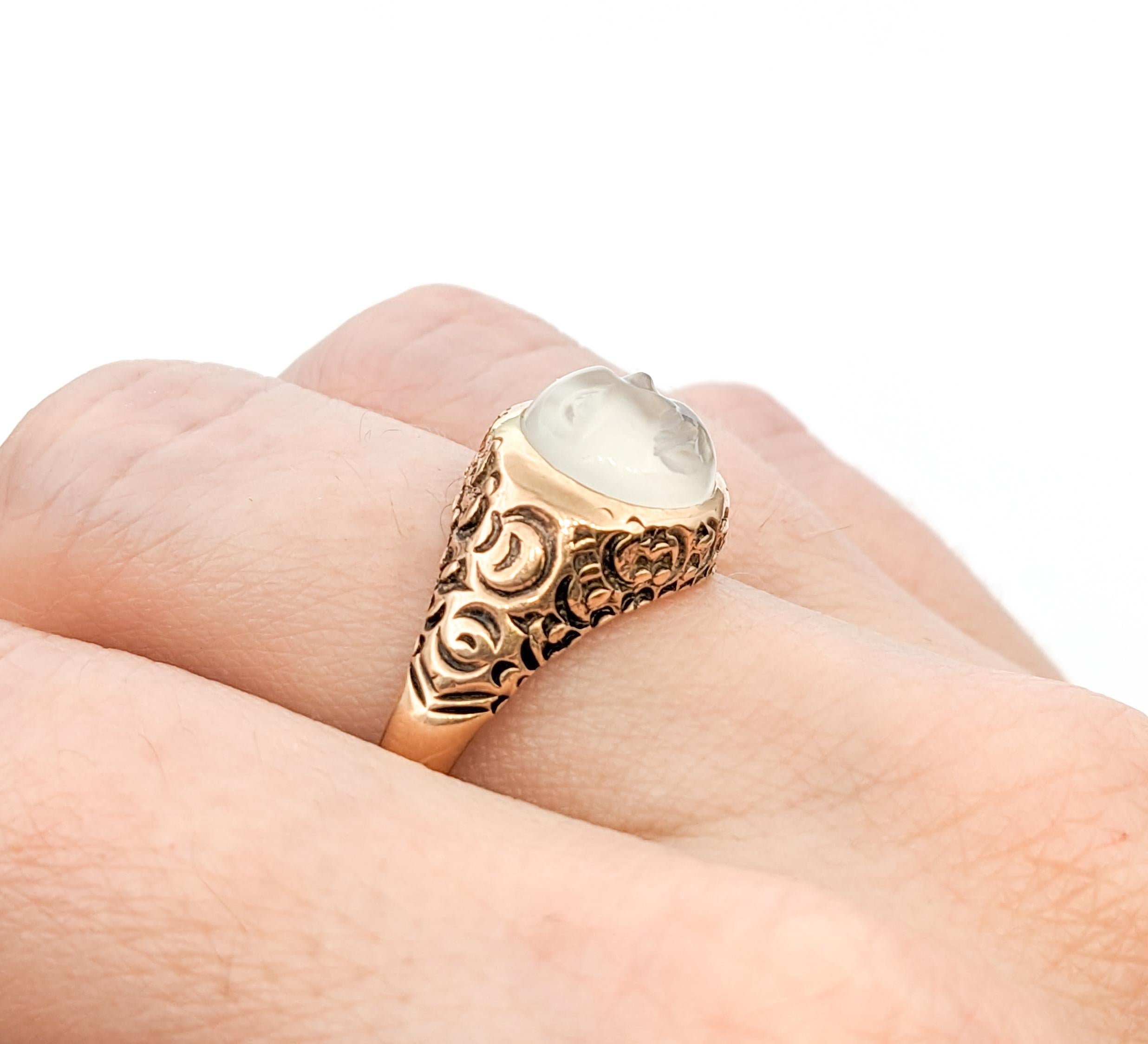 Women's Antique Carved Man in the Moon Cabochon Moonstone Ring In Yellow Gold