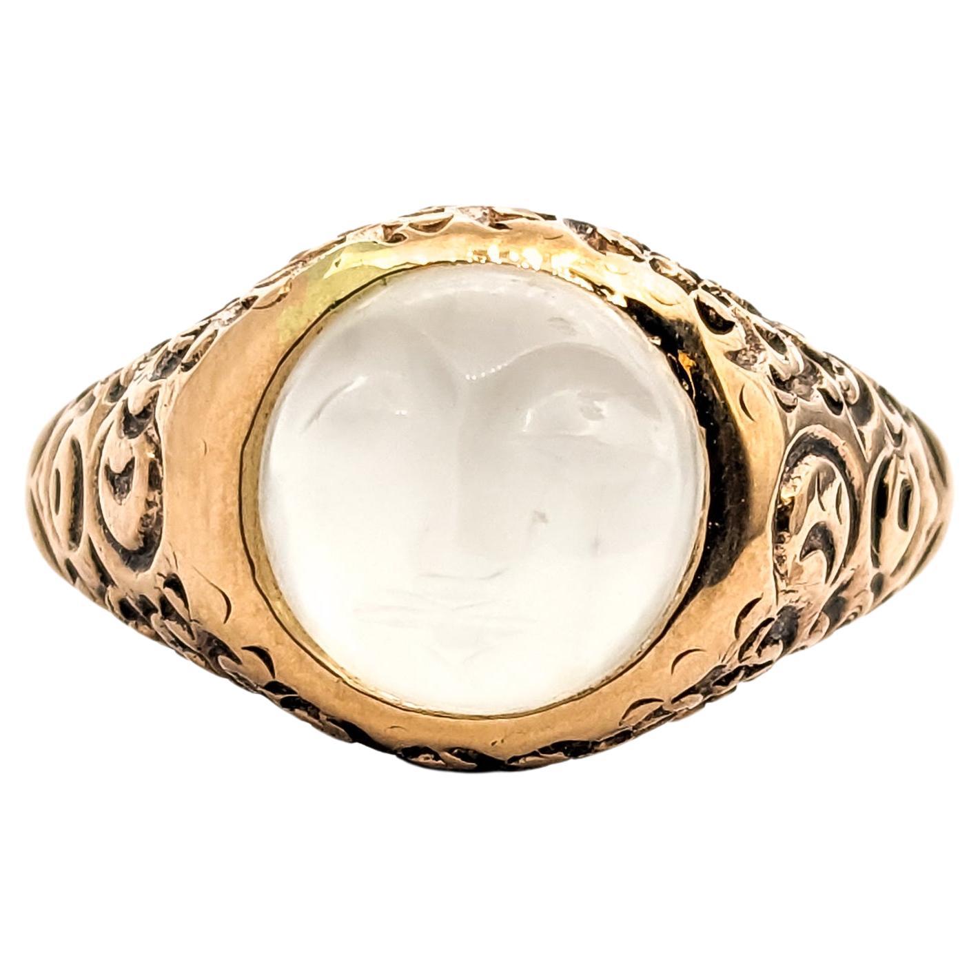 Antique Carved Man in the Moon Cabochon Moonstone Ring In Yellow Gold