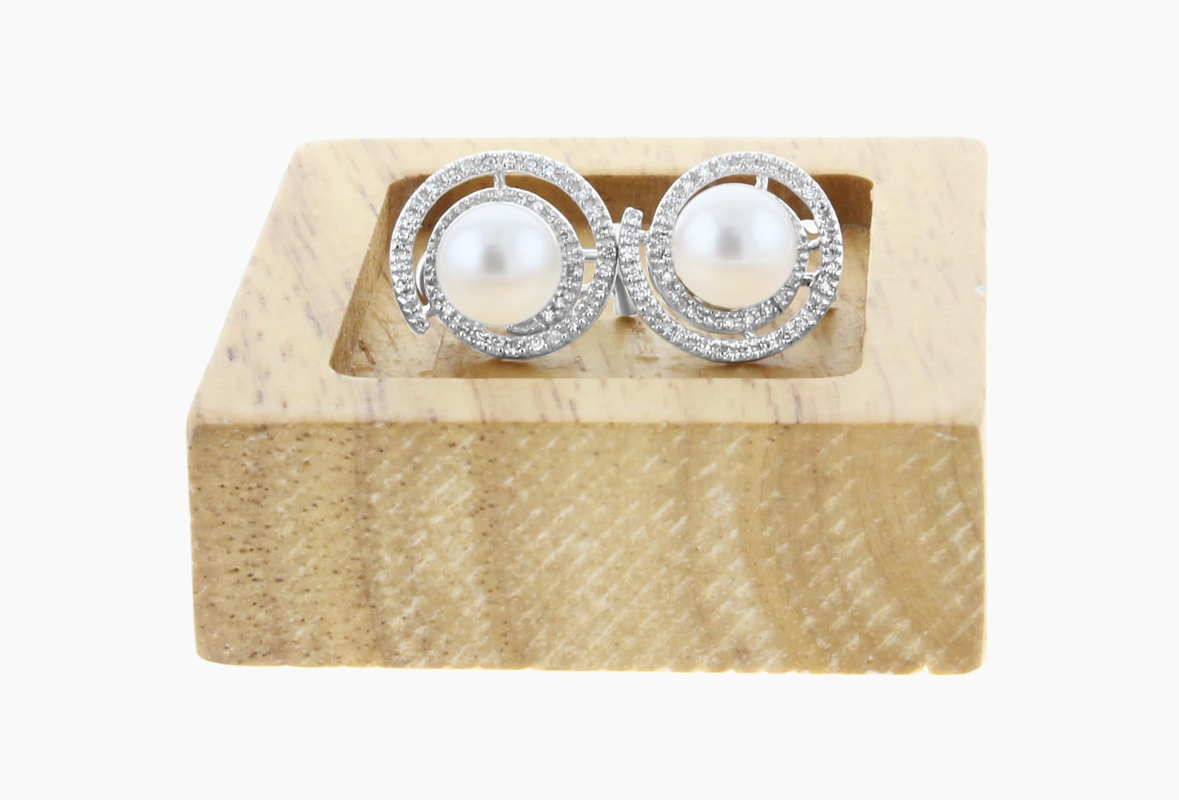 Round Cut 9MM Freshwater Pearl Diamond Earrings .36cttw 14k White Gold For Sale