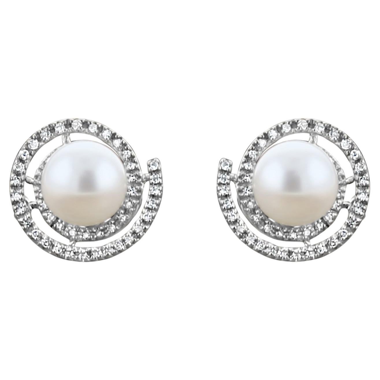 9MM Freshwater Pearl Diamond Earrings .36cttw 14k White Gold For Sale