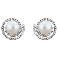9MM Freshwater Pearl Diamond Earrings .36cttw 14k White Gold