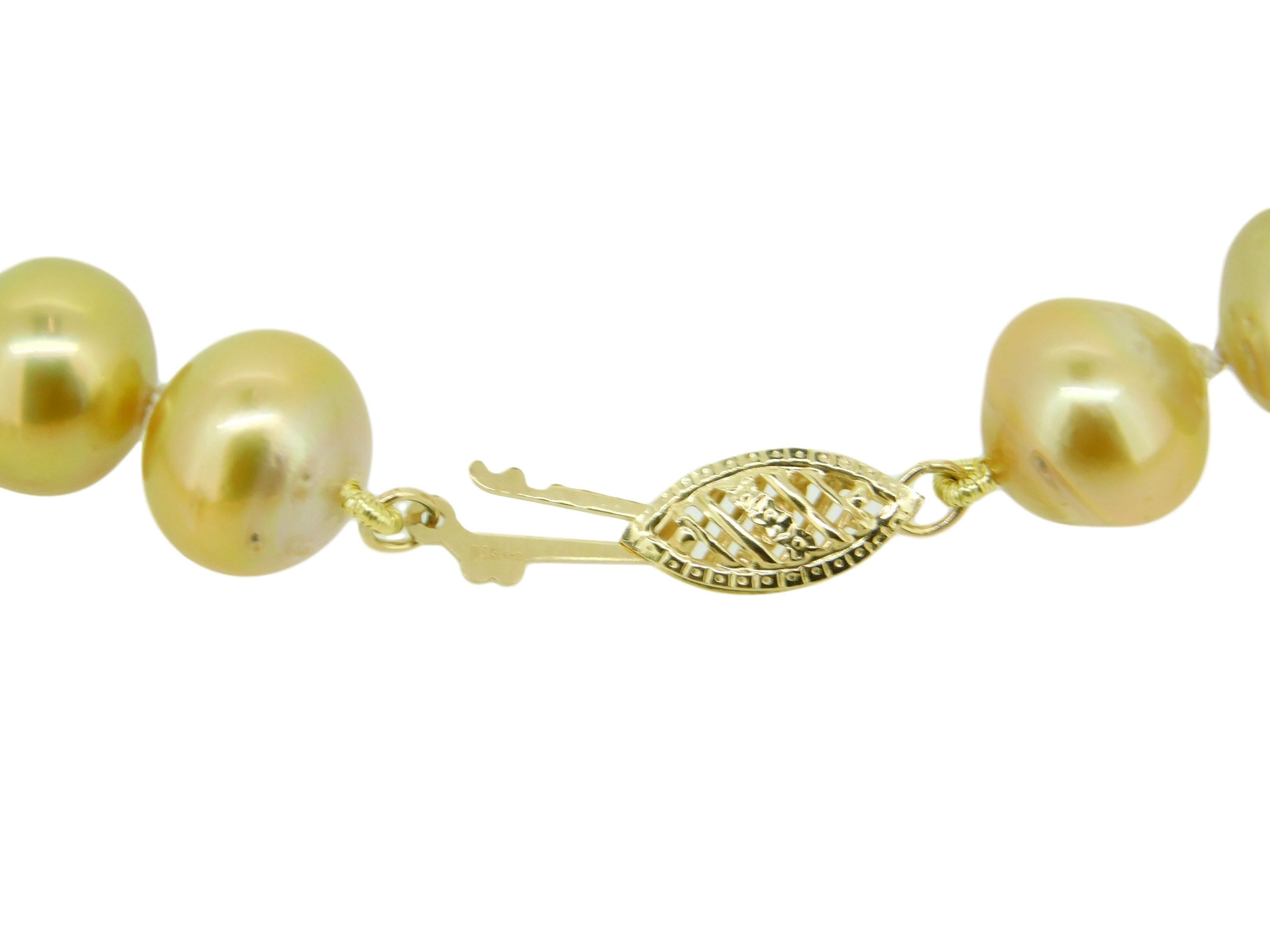 Round Cut Golden South Sea Strand of Pearls Necklace w/ 14k Yellow Gold Clasp '#J4569' For Sale