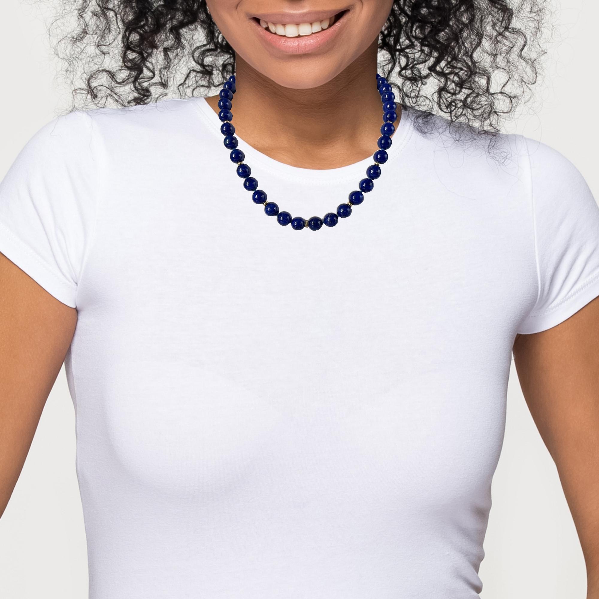 Collier de perles de lapis ronds de 9 mm avec espaces et fermoir en or jaune 14 carats, 18 pouces en vente 4