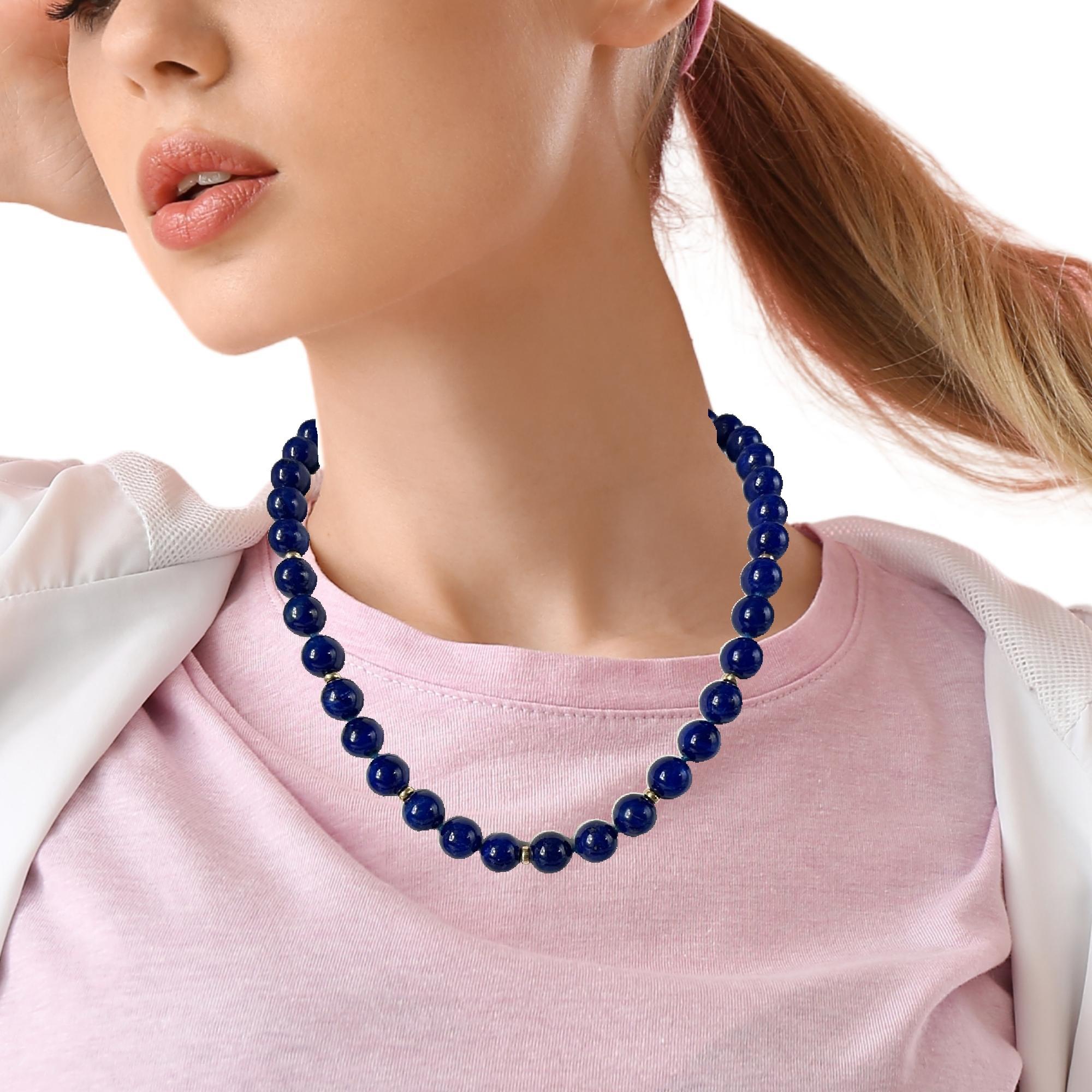 Collier de perles de lapis ronds de 9 mm avec espaces et fermoir en or jaune 14 carats, 18 pouces en vente 3