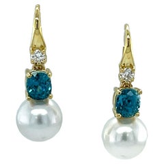 9mm South Sea Pearl, Blue Zircon and Diamond Drop Earrings in 18k Yellow Gold