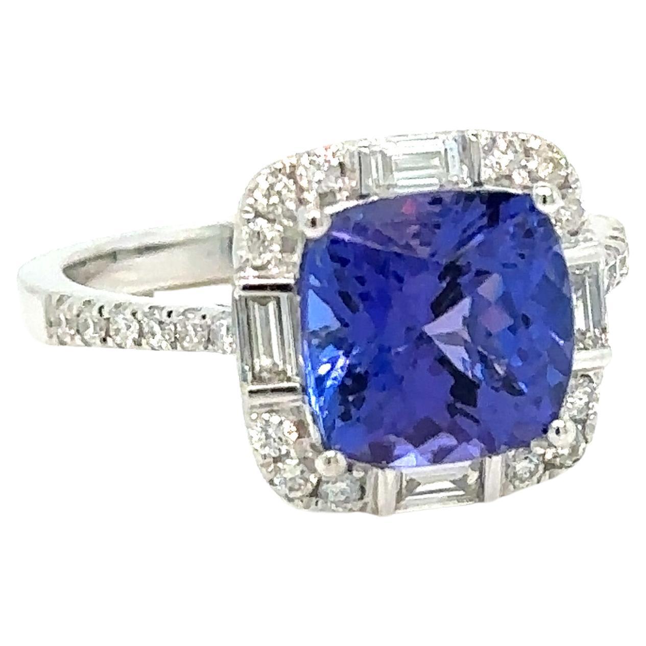 Bague en or blanc 14 carats avec tanzanite de 9 mm en forme de coussin