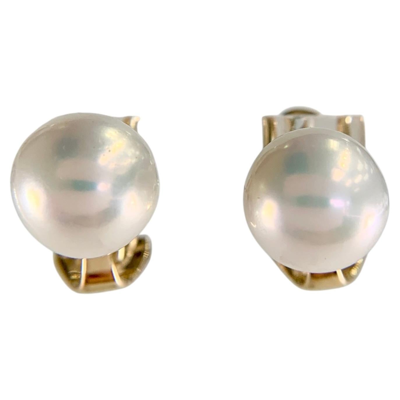 9mm White Akoya Cultured Pearl Omega Back Earrings 14k Yellow Gold