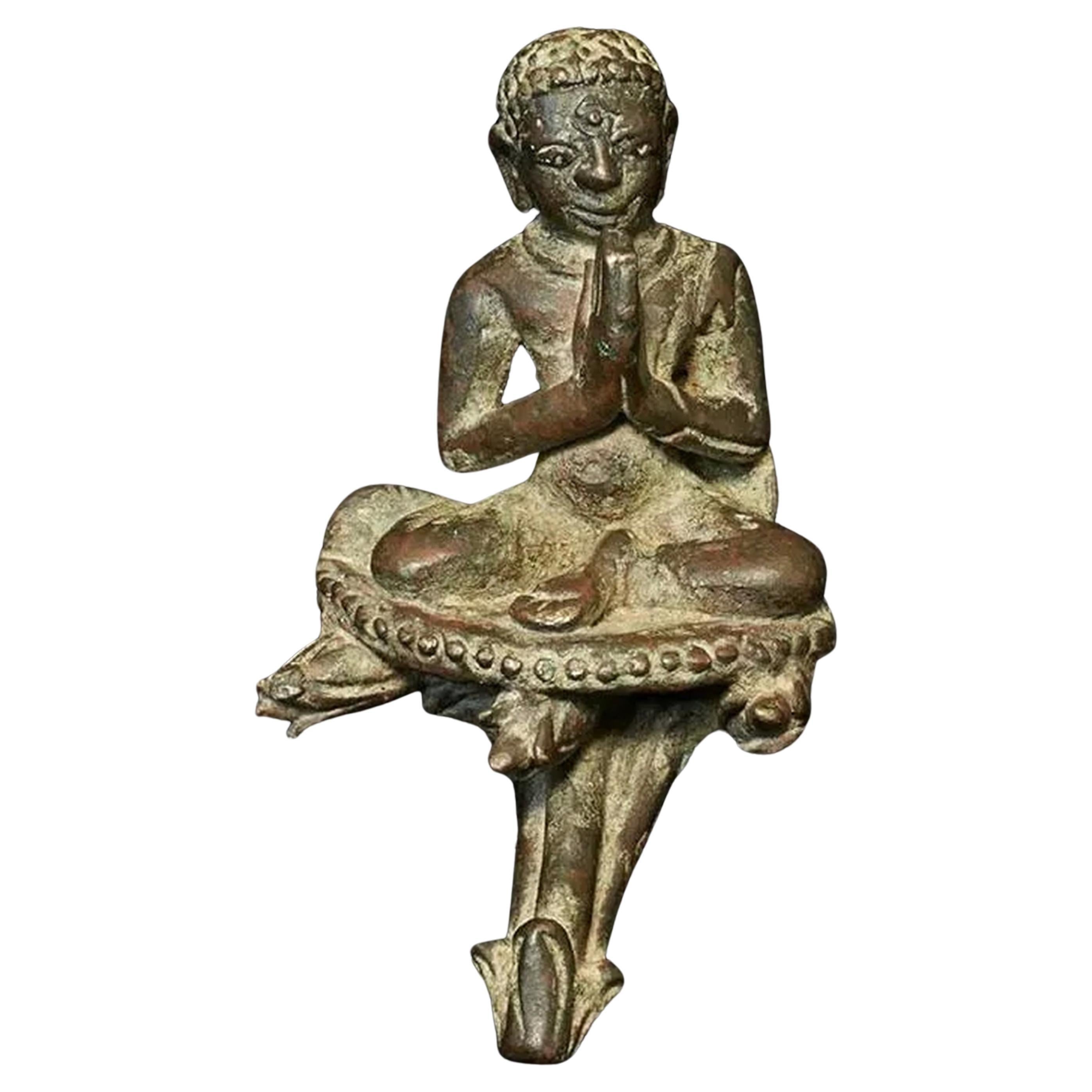 9th–11th Century Burmese Bronze Monk Sculpture, Solid Cast-Late Pyu/Early Pagan For Sale