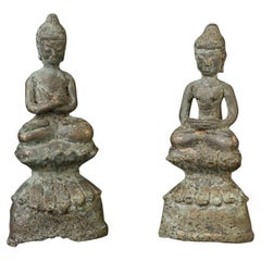 9th–11thC (PAIR) Burma Mon Style Cast Bronze Buddhas w/dif. Mudras