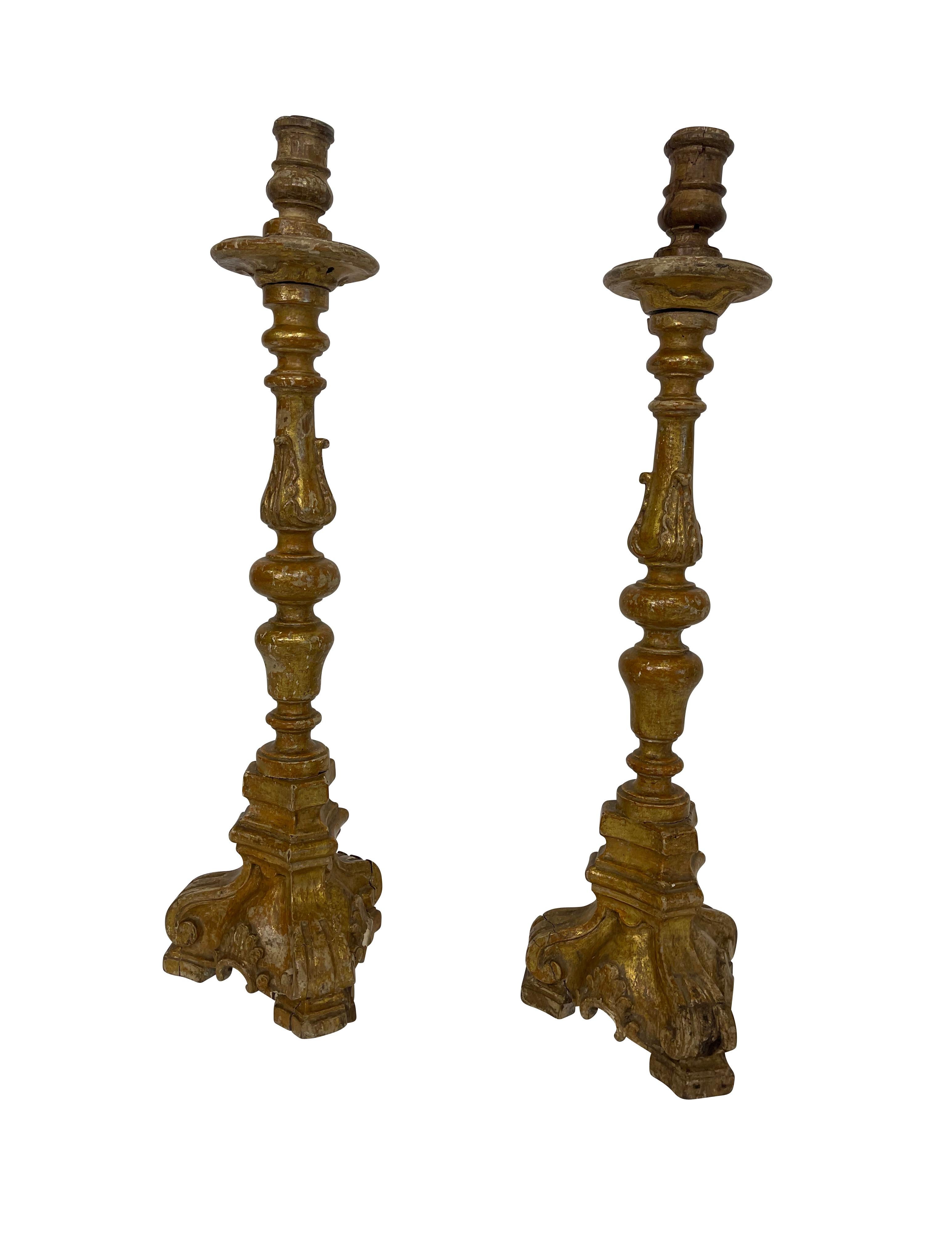 Hand-Painted 19th Century Antique Italian Baroque Gilt Candlesticks / Candelabra For Sale