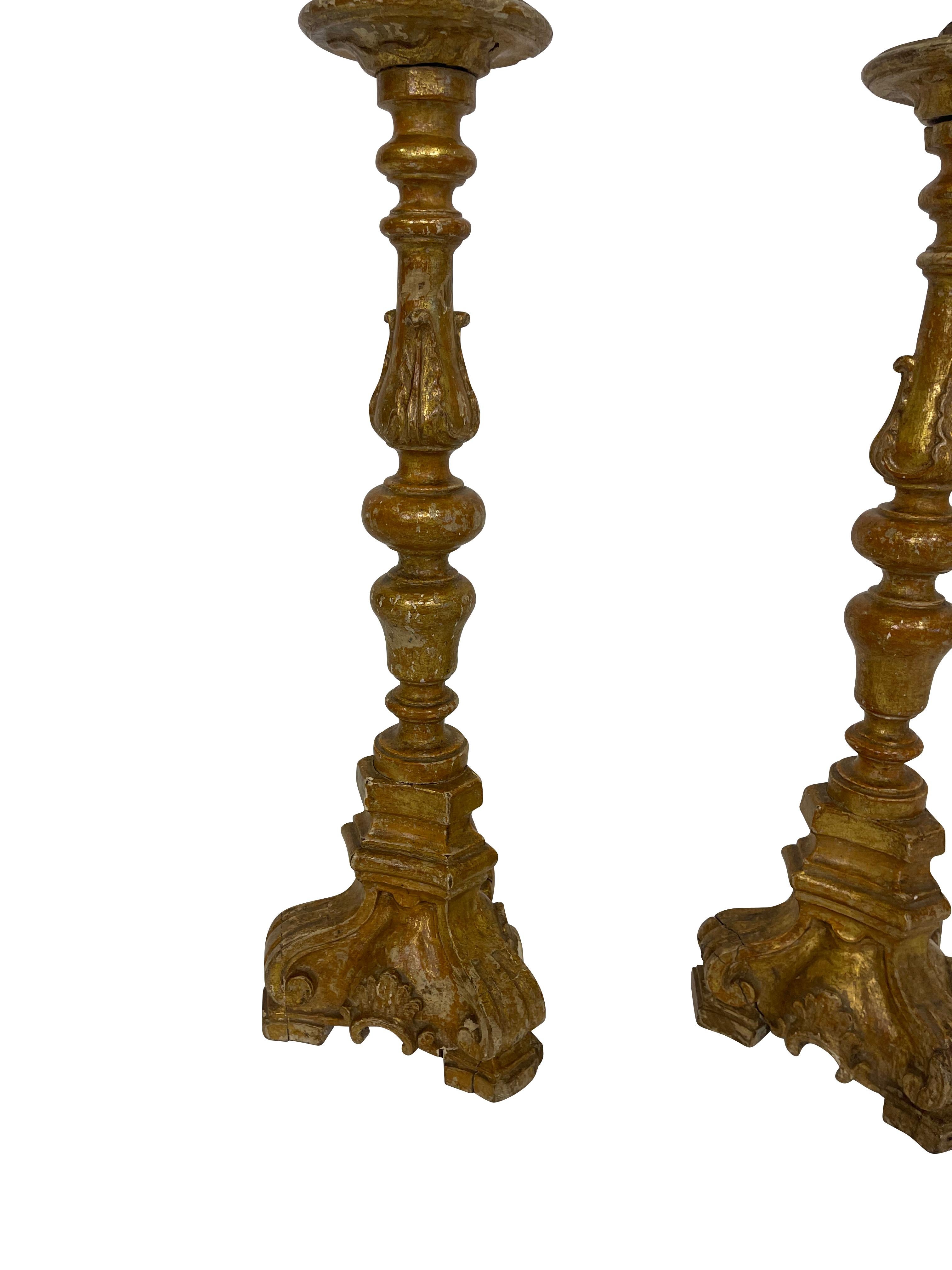 19th Century Antique Italian Baroque Gilt Candlesticks / Candelabra In Good Condition For Sale In Essex, MA