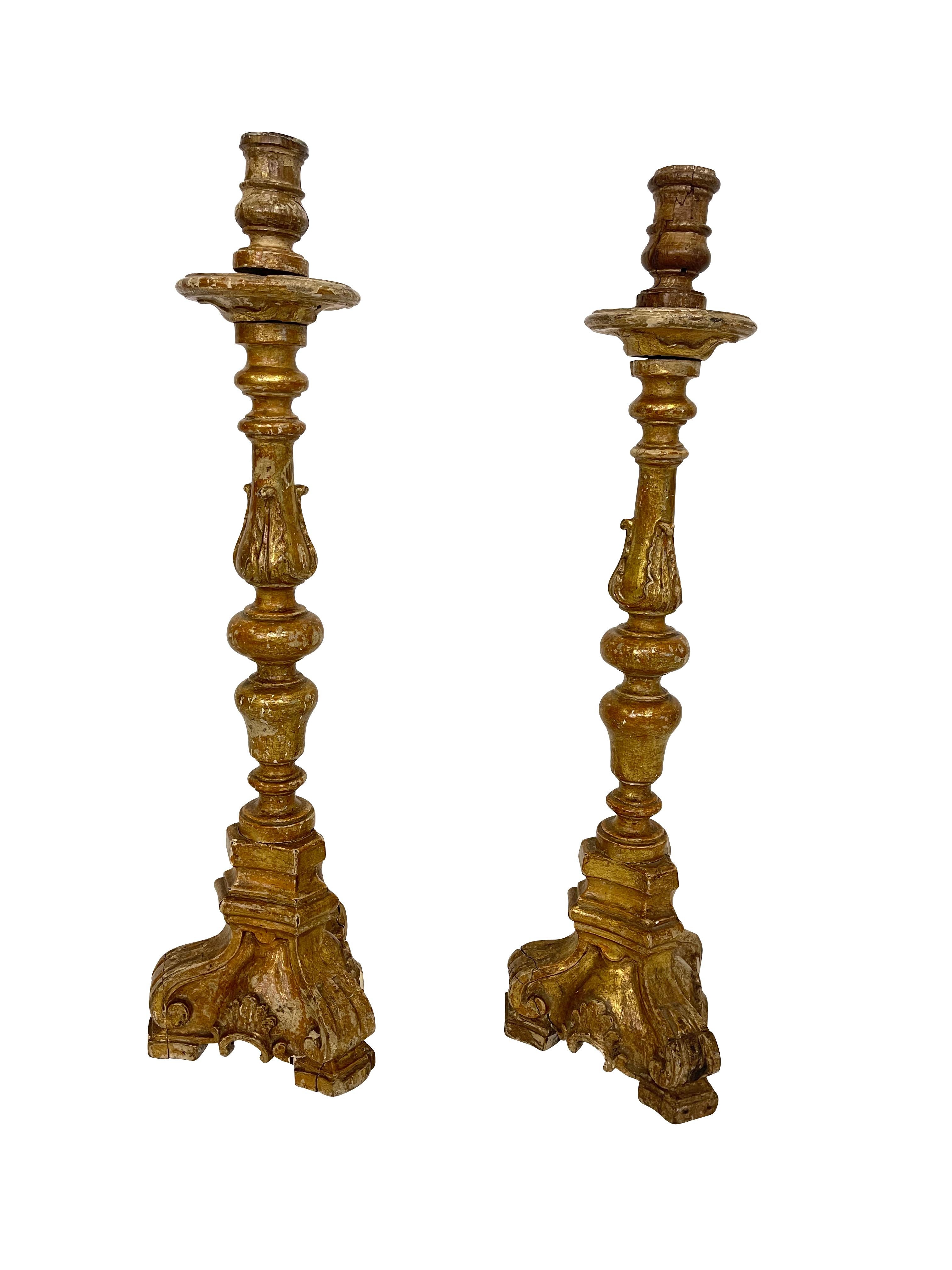 19th Century Antique Italian Baroque Gilt Candlesticks / Candelabra For Sale 4