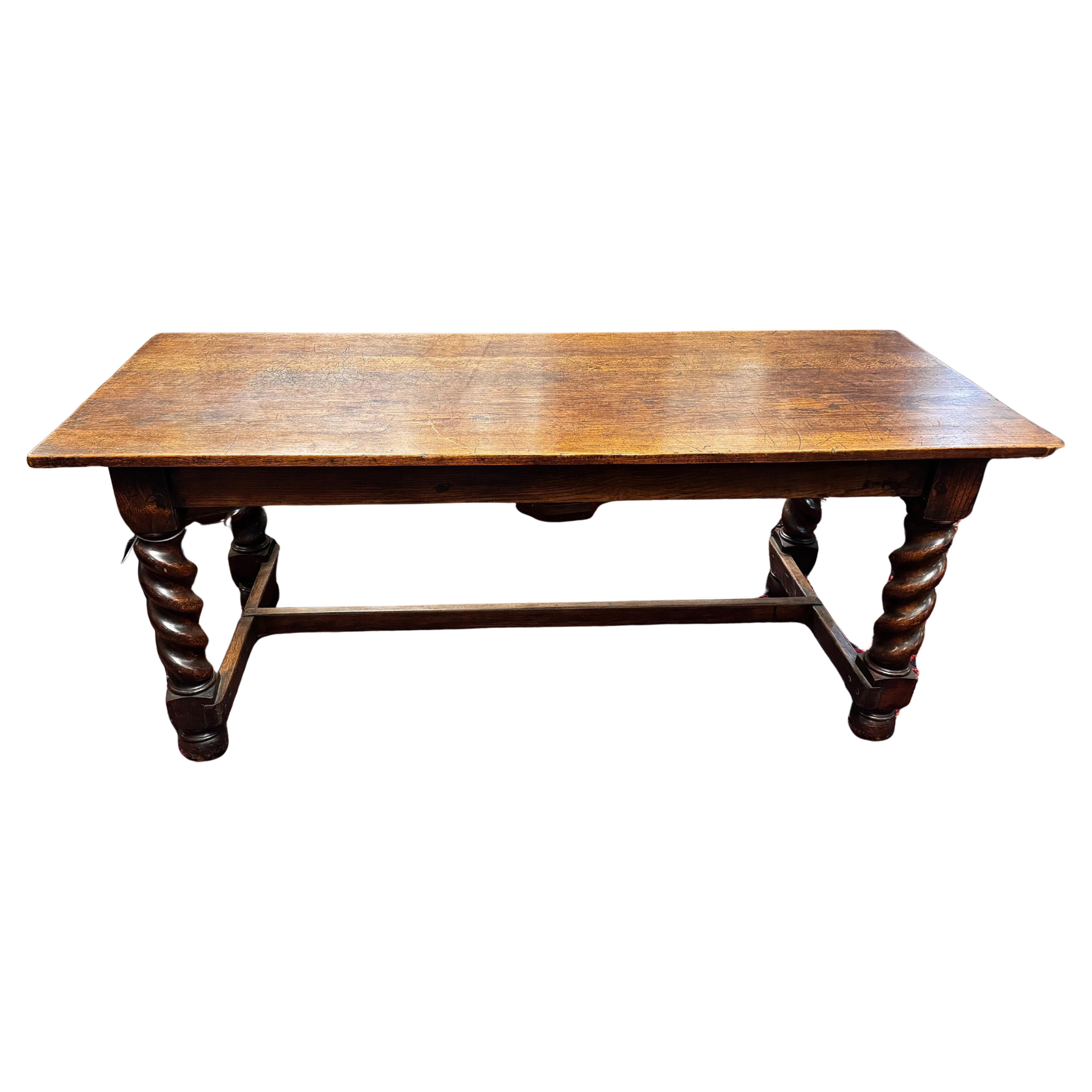 !9th Century English Oak Barkley Twist Farm Table with Stretcher Base For Sale