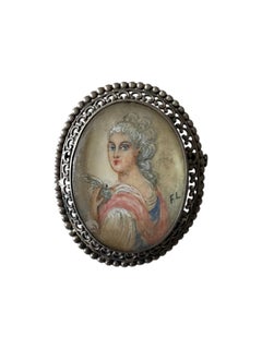 9th-Century Hand-Painted Miniature Portrait Brooch in Filigree Silver, Circa 185