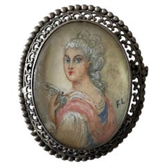 9th-Century Hand-Painted Miniature Portrait Brooch in Filigree Silver, Circa 185