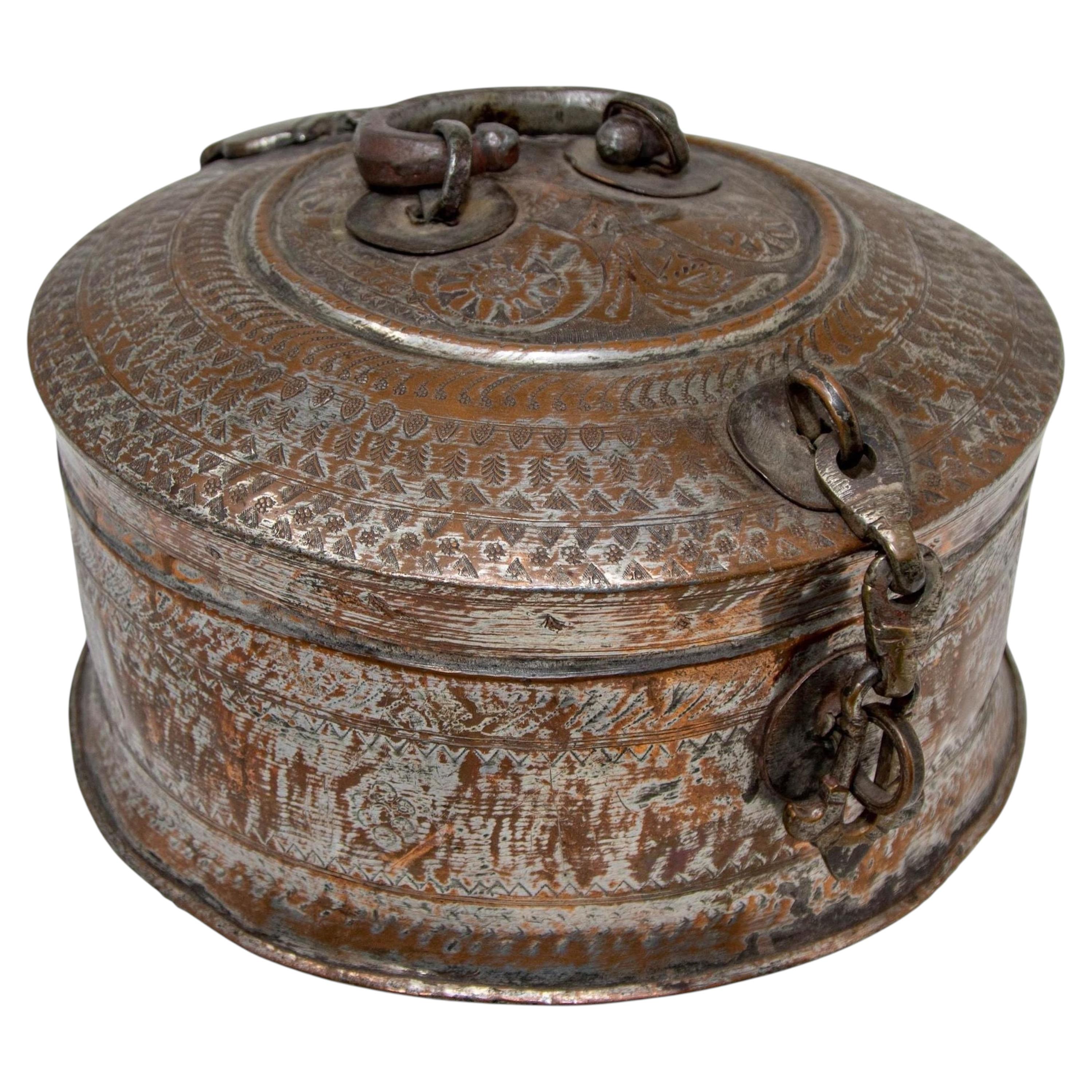 19th Century Indian Tinned Copper Engraved Betel Nut Pandan Box
