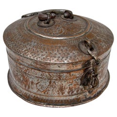 19th Century Indian Tinned Copper Engraved Betel Nut Pandan Box