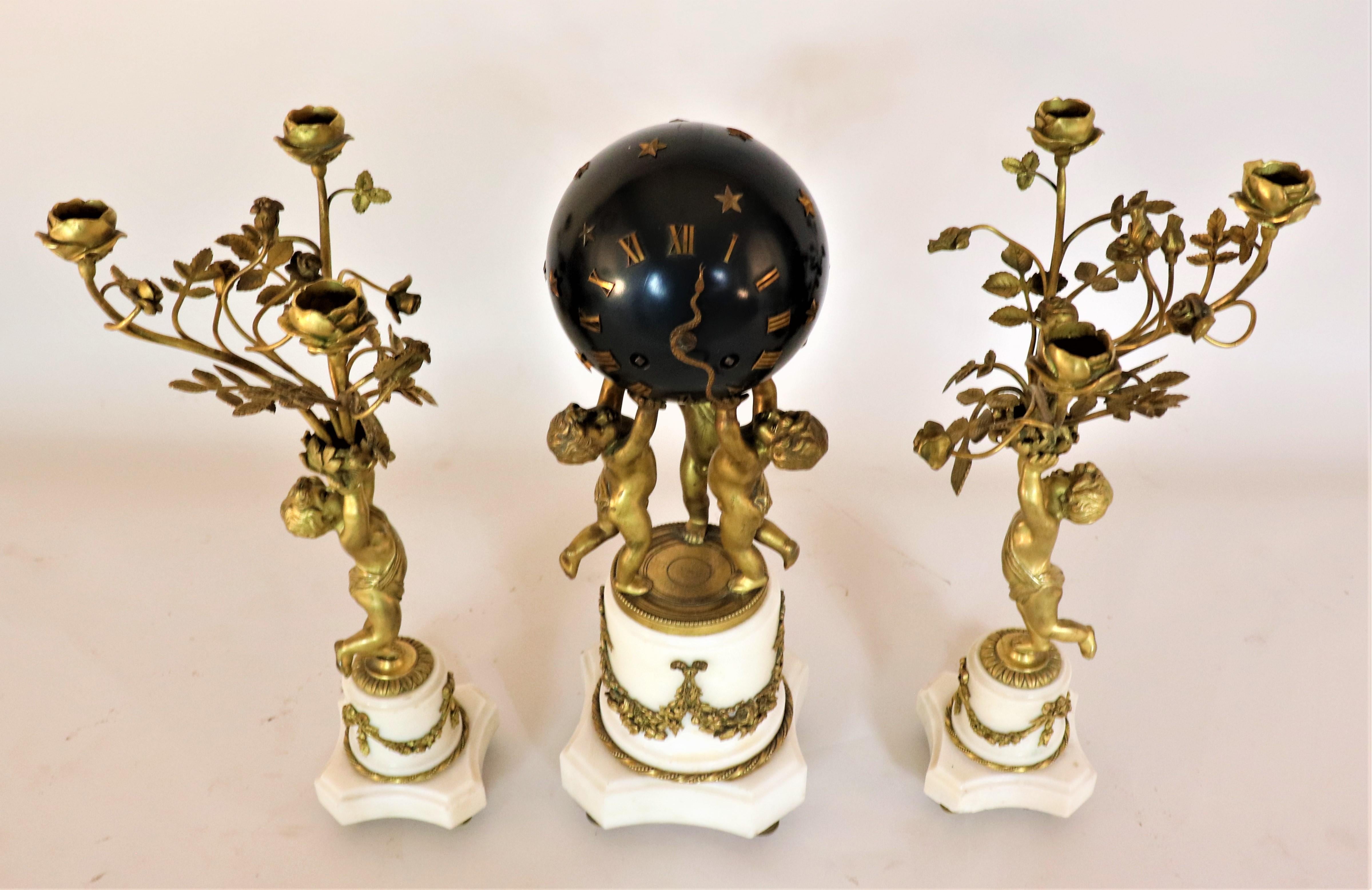 Empire 19th Century Louis XVI Neoclassical Style Bronze & Marble Three Piece Clock For Sale
