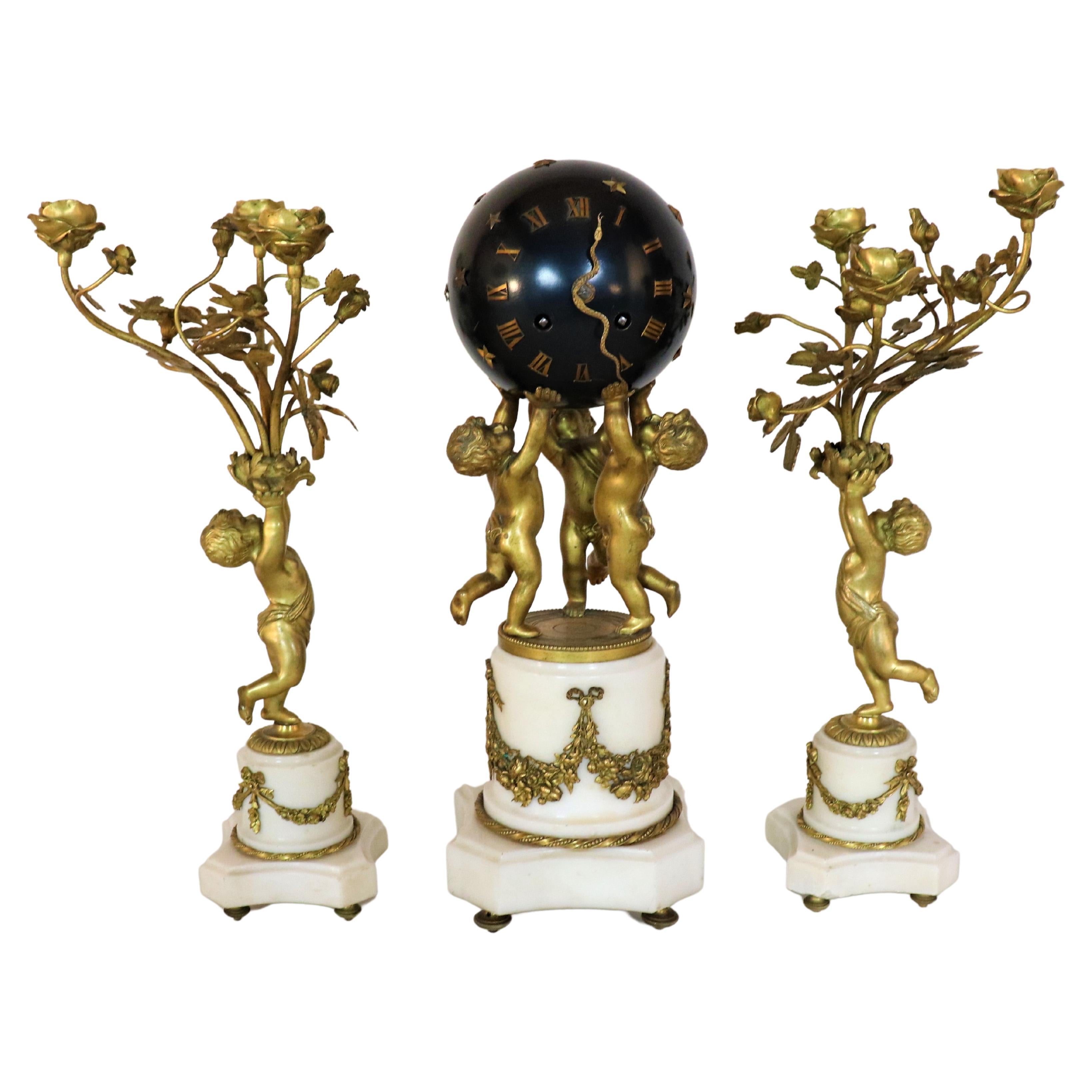 19th Century Louis XVI Neoclassical Style Bronze & Marble Three Piece Clock For Sale