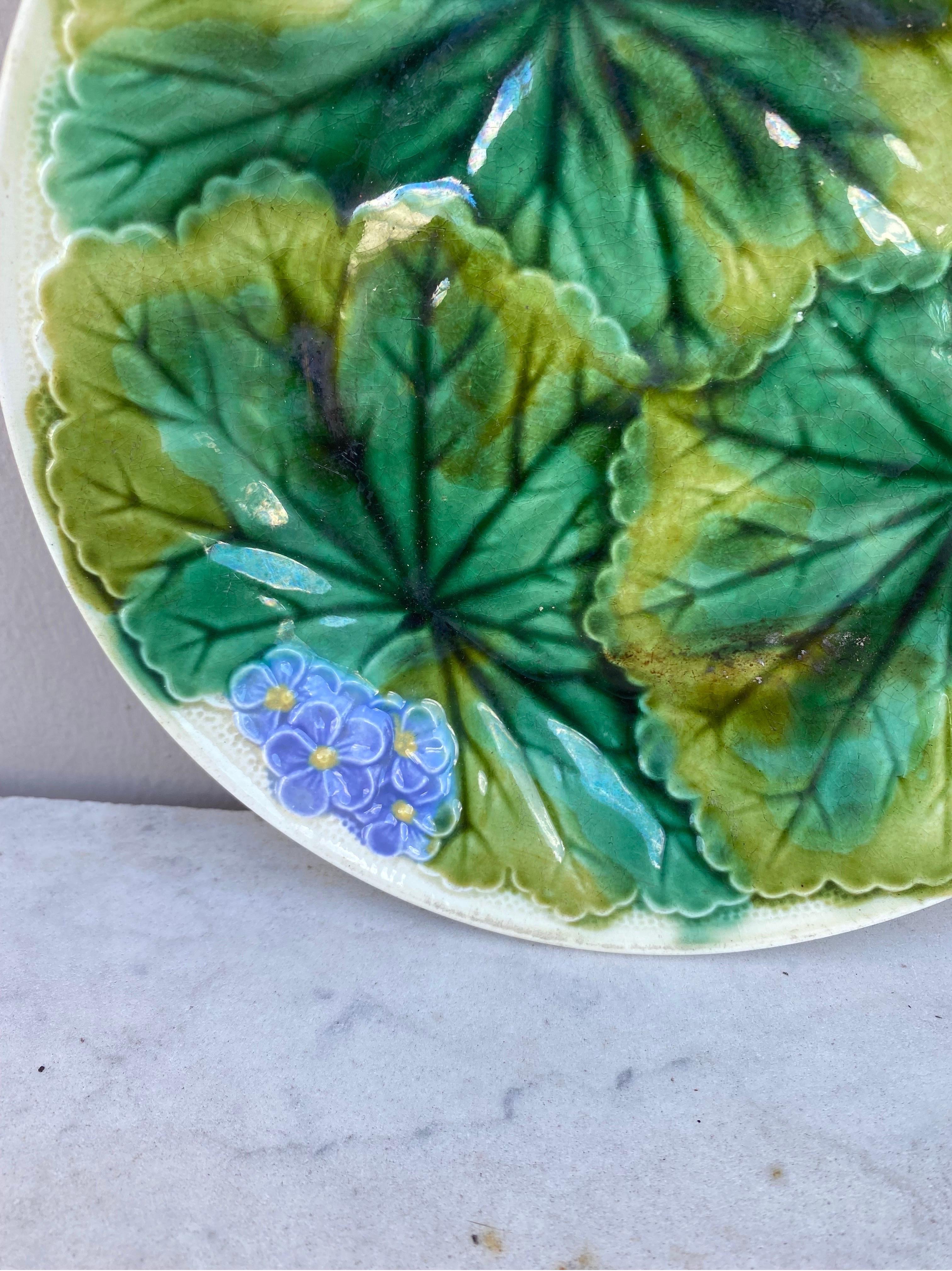 Rustic 9th Century Majolica Purple Flowers Plate Clairefontaine For Sale