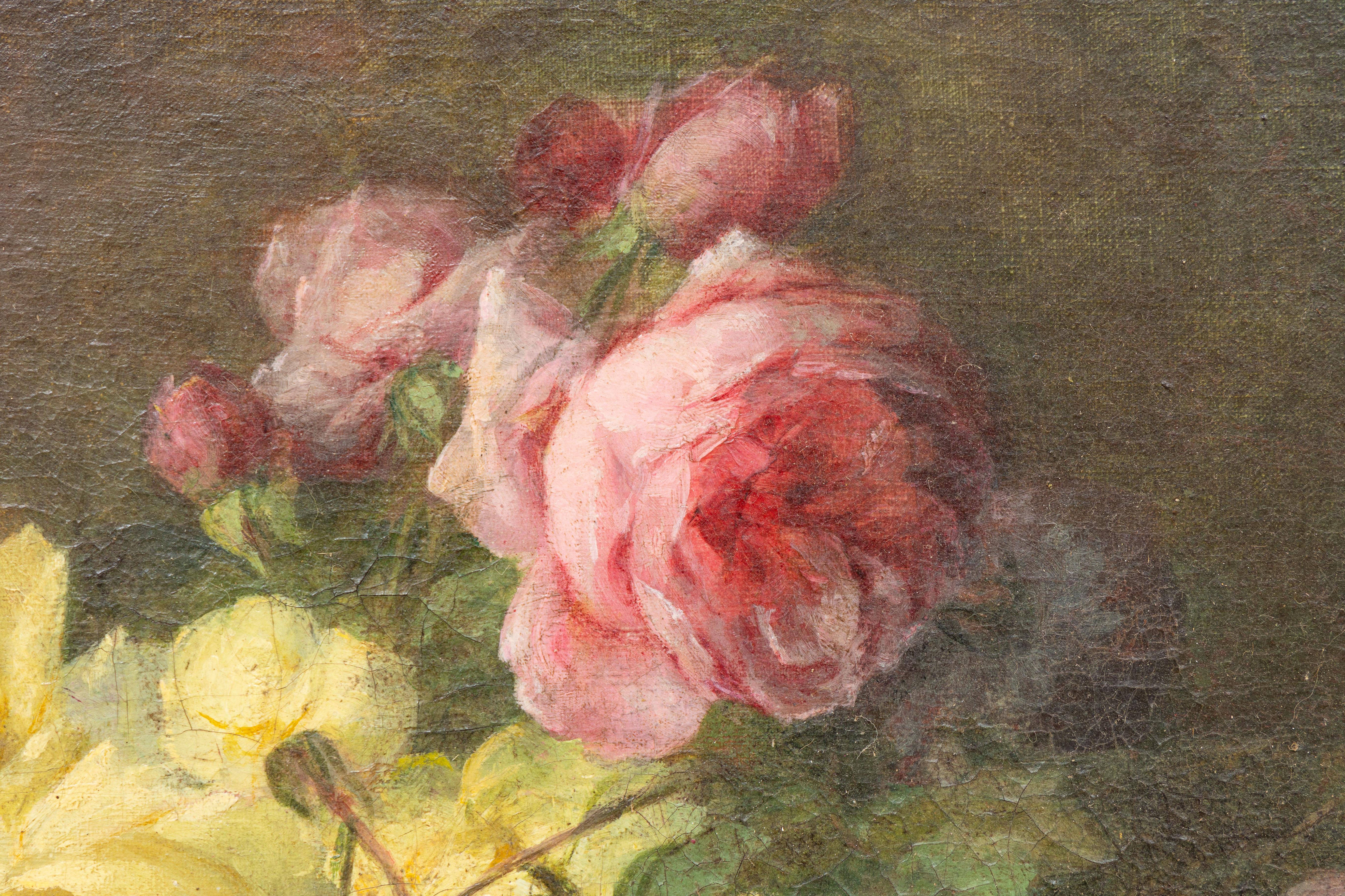 9th Century, Oil on Canvas Flower Painting, André Benoît Perrachon In Distressed Condition For Sale In Lantau, HK
