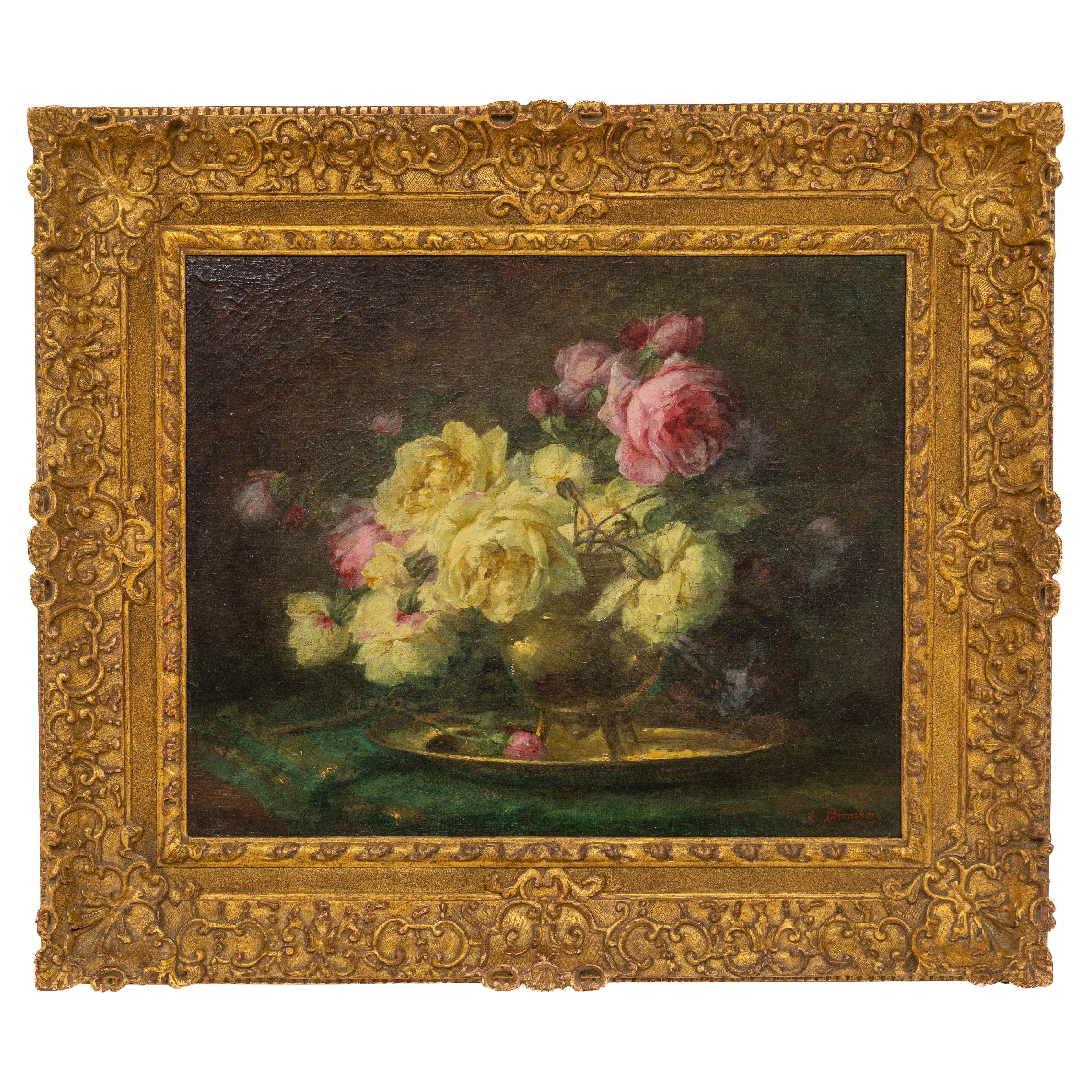 9th Century, Oil on Canvas Flower Painting, André Benoît Perrachon For Sale