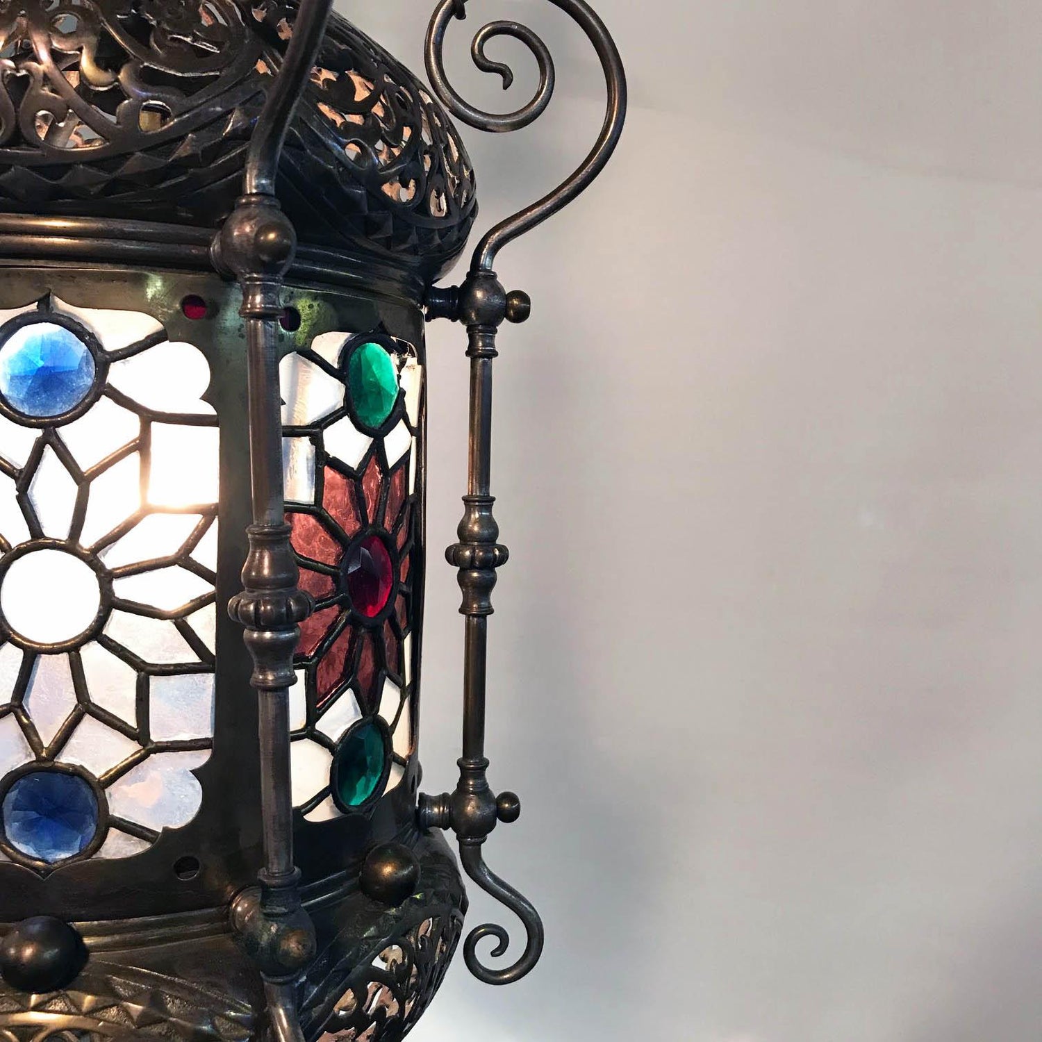 19th Century Orientalist Gasolier Lantern With Stained Glass