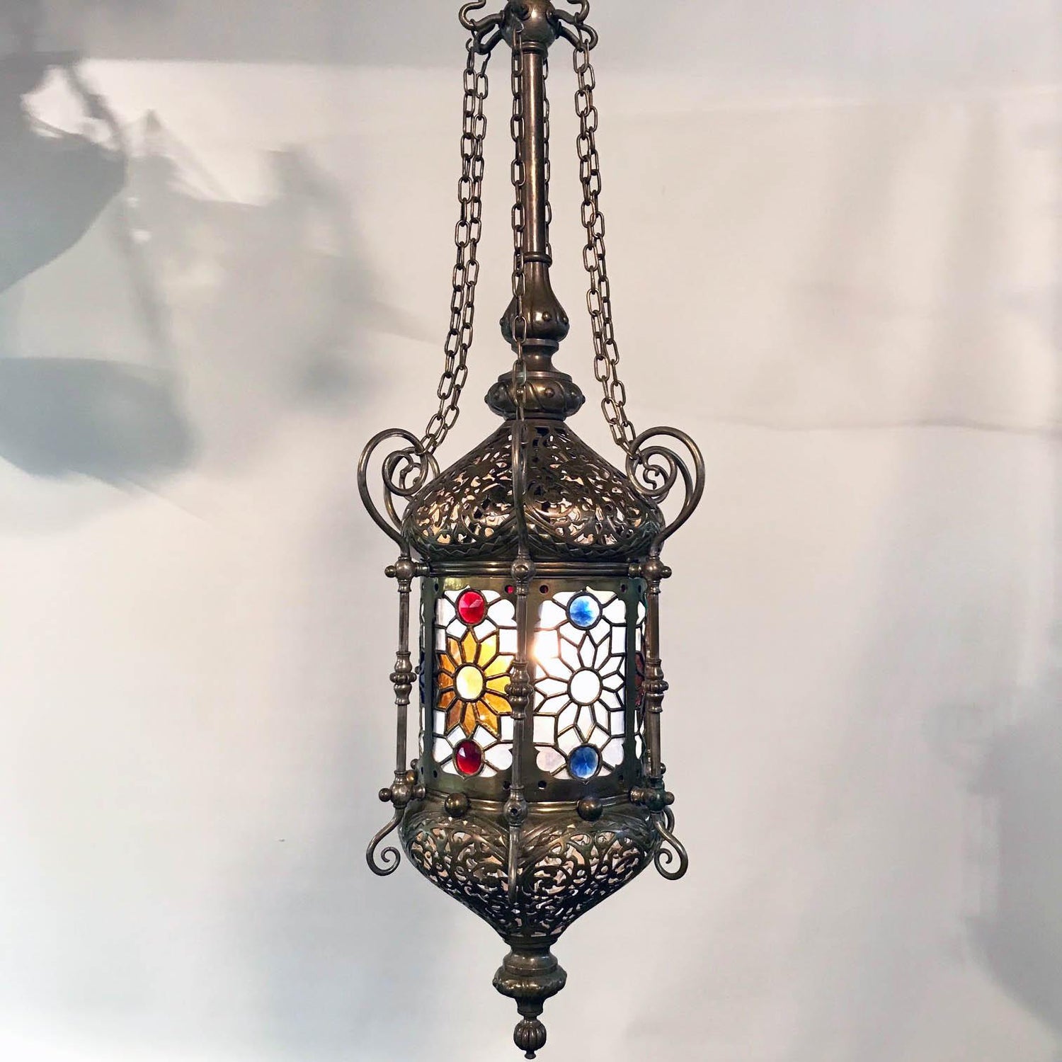 19th Century Orientalist Gasolier Lantern With Stained Glass