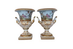 !9th Century Pair of Porcelain De Paris Style with Bird Motif Urns