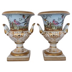 !9th Century Pair of Porcelain De Paris Style with Bird Motif Urns 