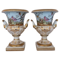 !9th Century Pair of Porcelain De Paris Style with Bird Motif Urns
