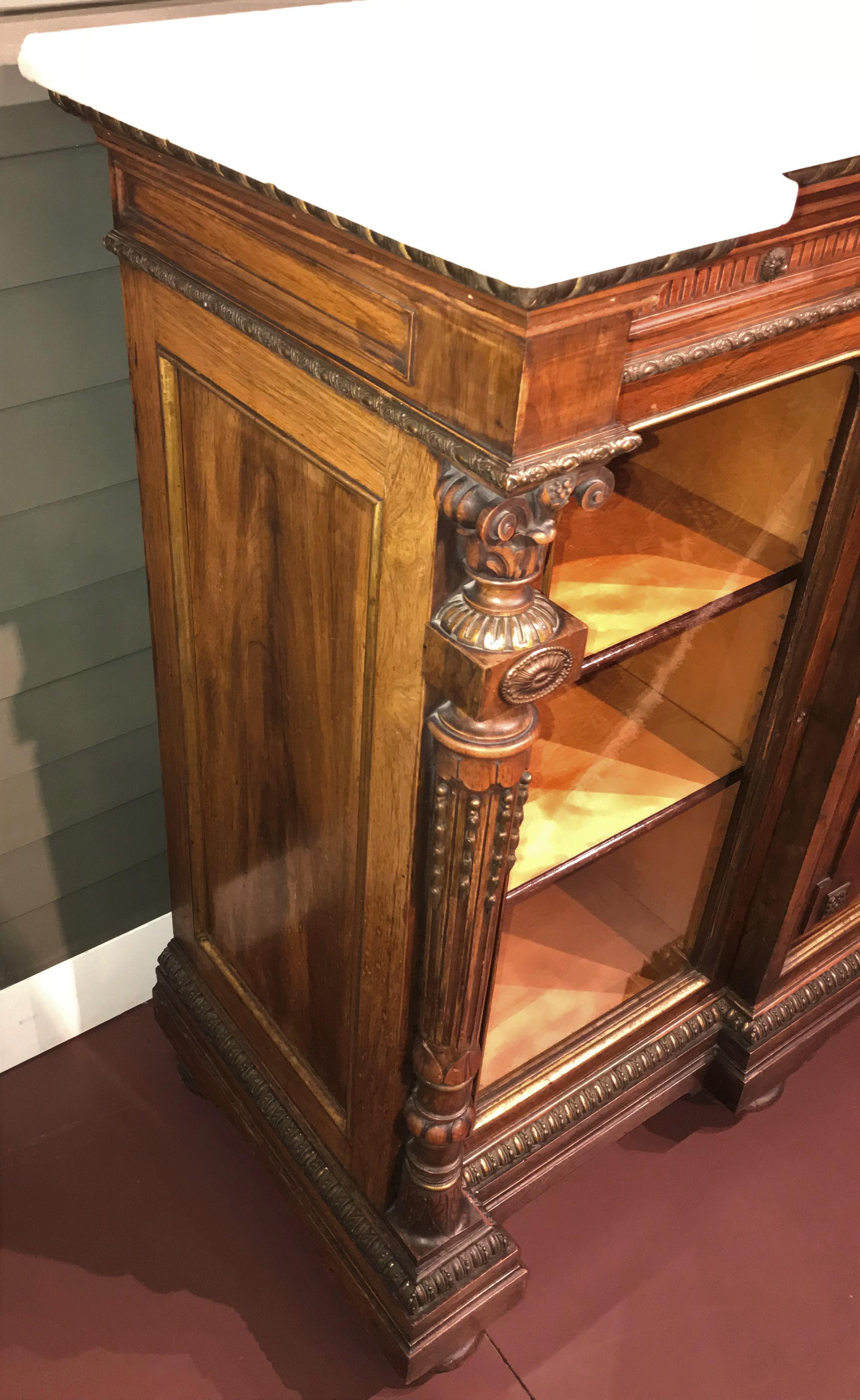 Hand-Carved 19th Century Rosewood and Ormolu Credenza with Conforming Marble Top