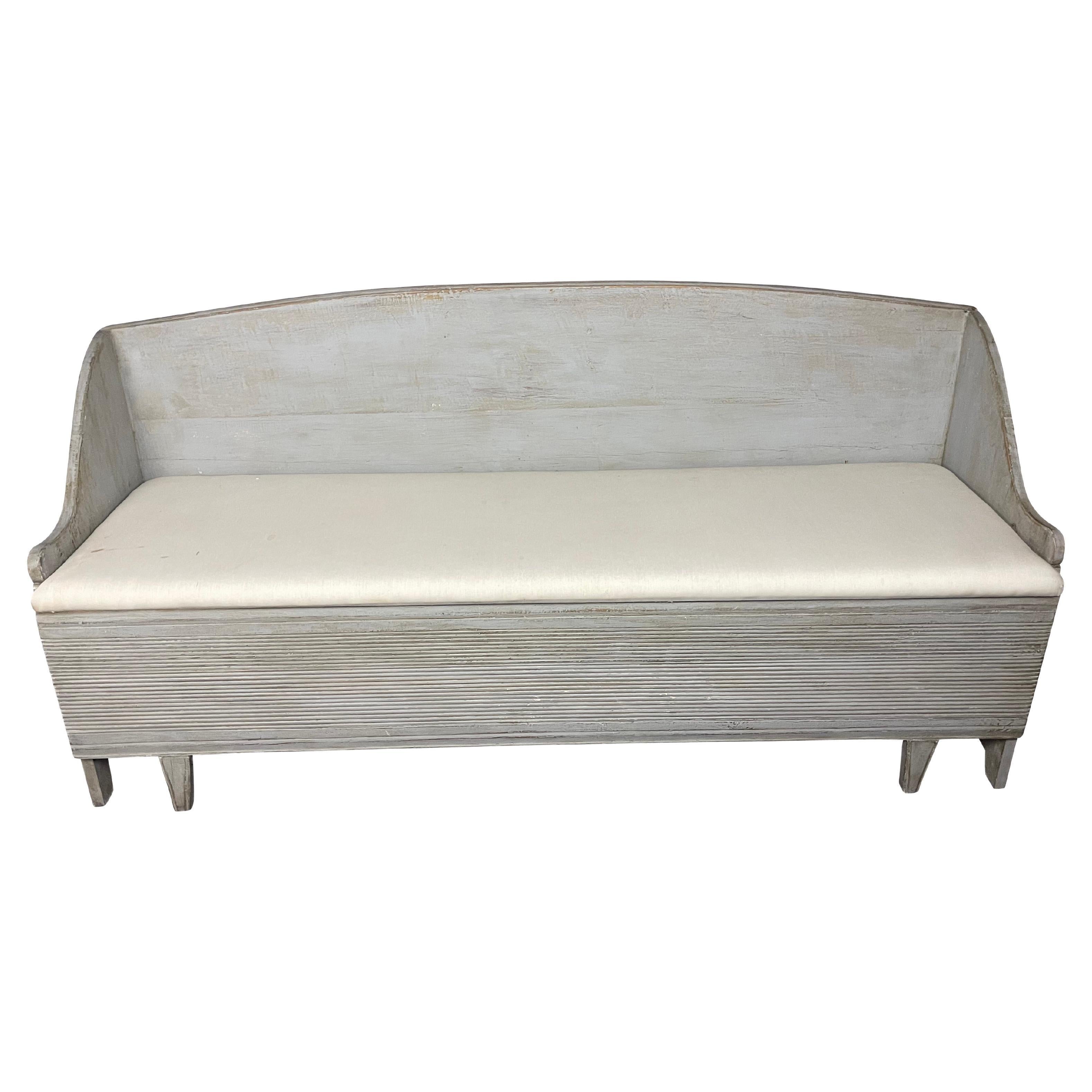 !9th Century, Swedish Gustavian Bench/ Sofa in Grey Paint with Ivory Cushion