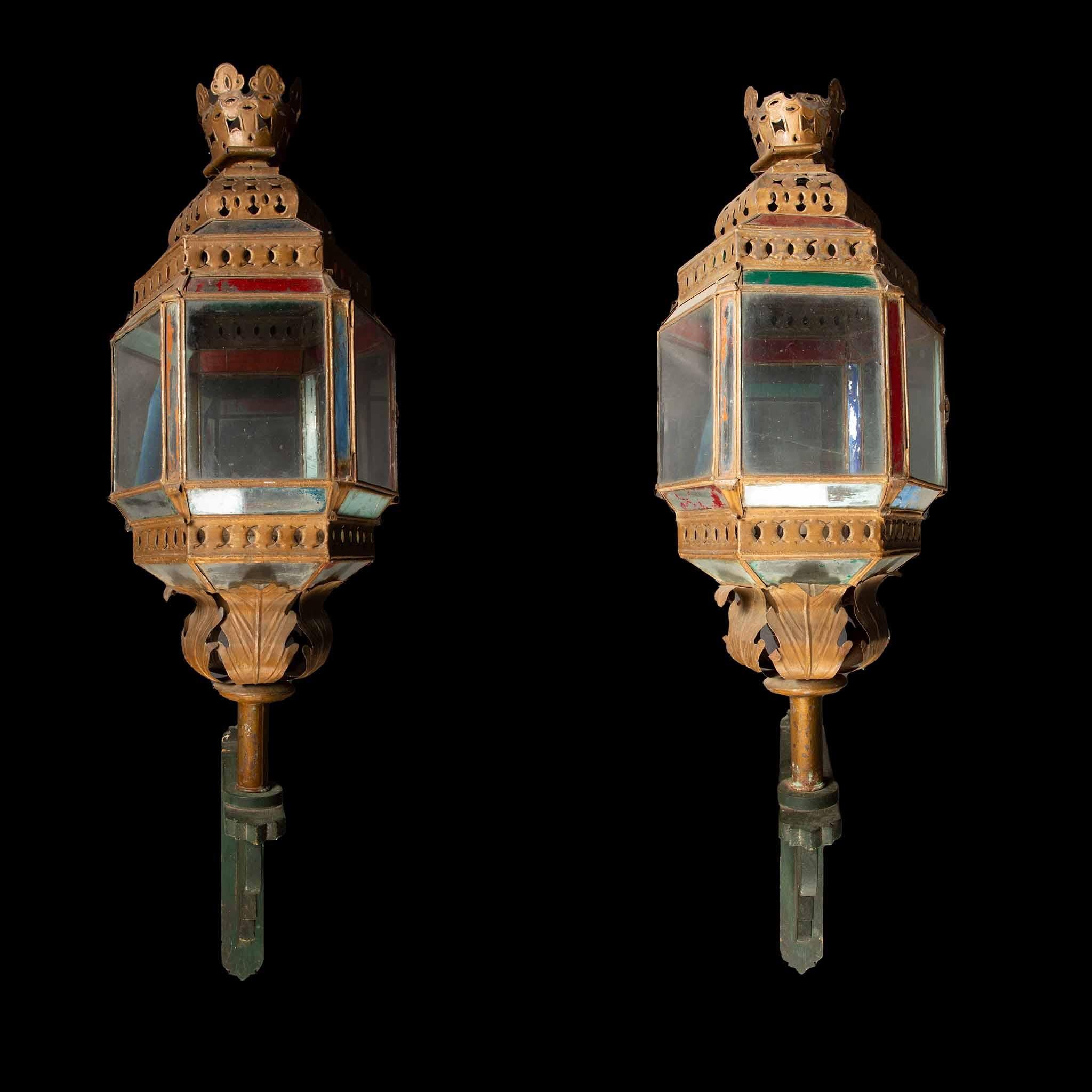 19th Century Venetian Lantern Pair: Exquisite Artistry on Custom Wood Brackets For Sale 3