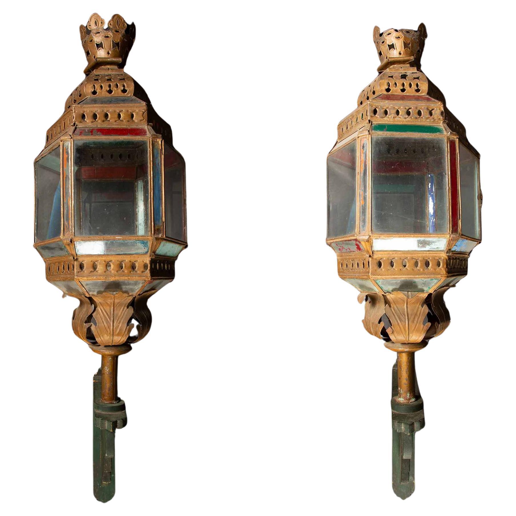 19th Century Venetian Lantern Pair: Exquisite Artistry on Custom Wood Brackets For Sale