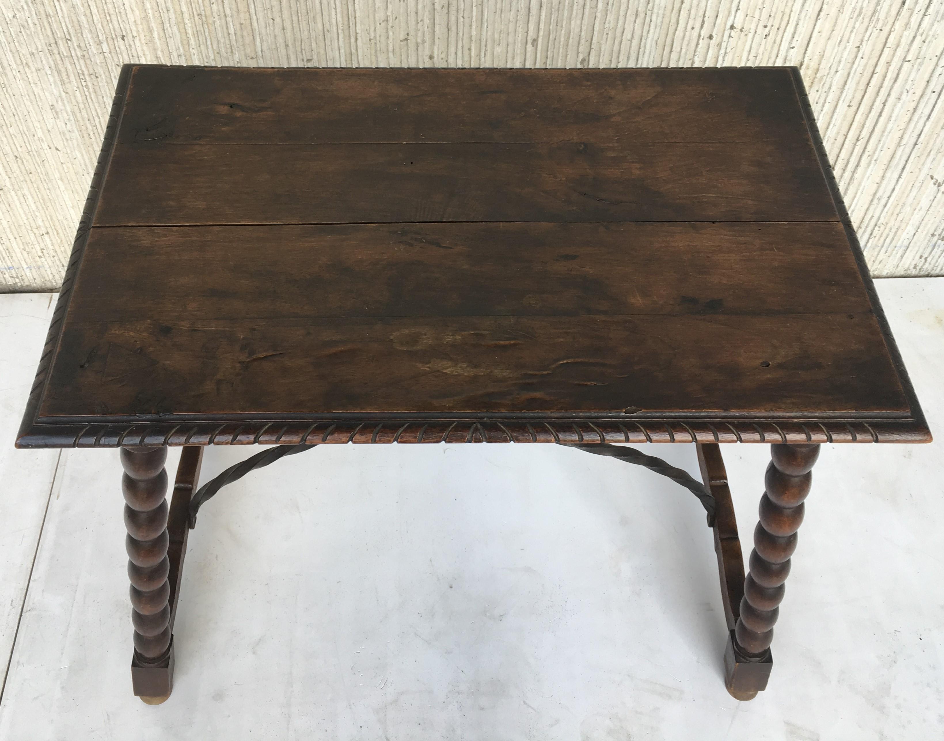 Spanish Baroque Side Table with Iron Stretcher and Carved Top in Walnut 1