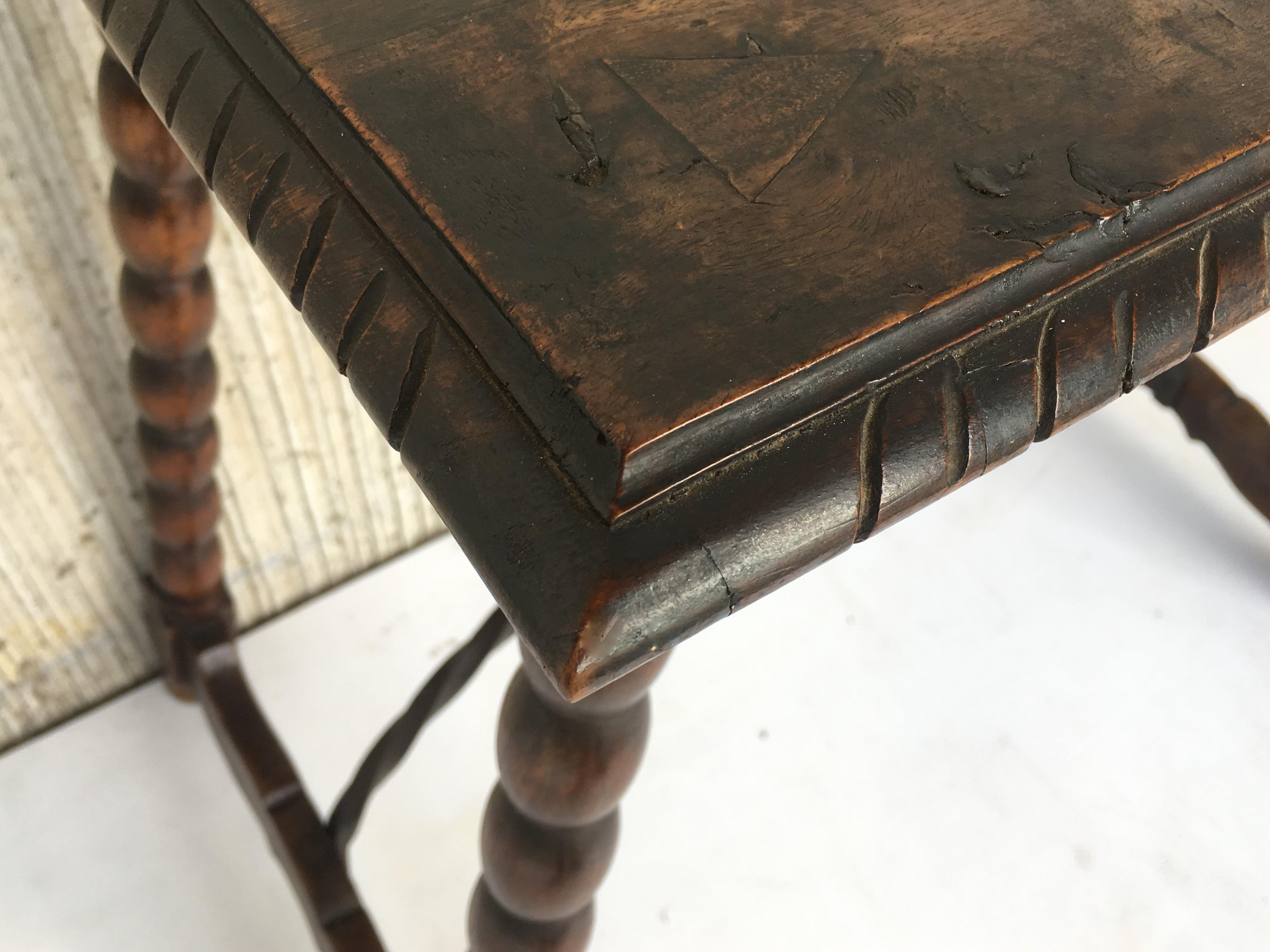 Spanish Baroque Side Table with Iron Stretcher and Carved Top in Walnut 1