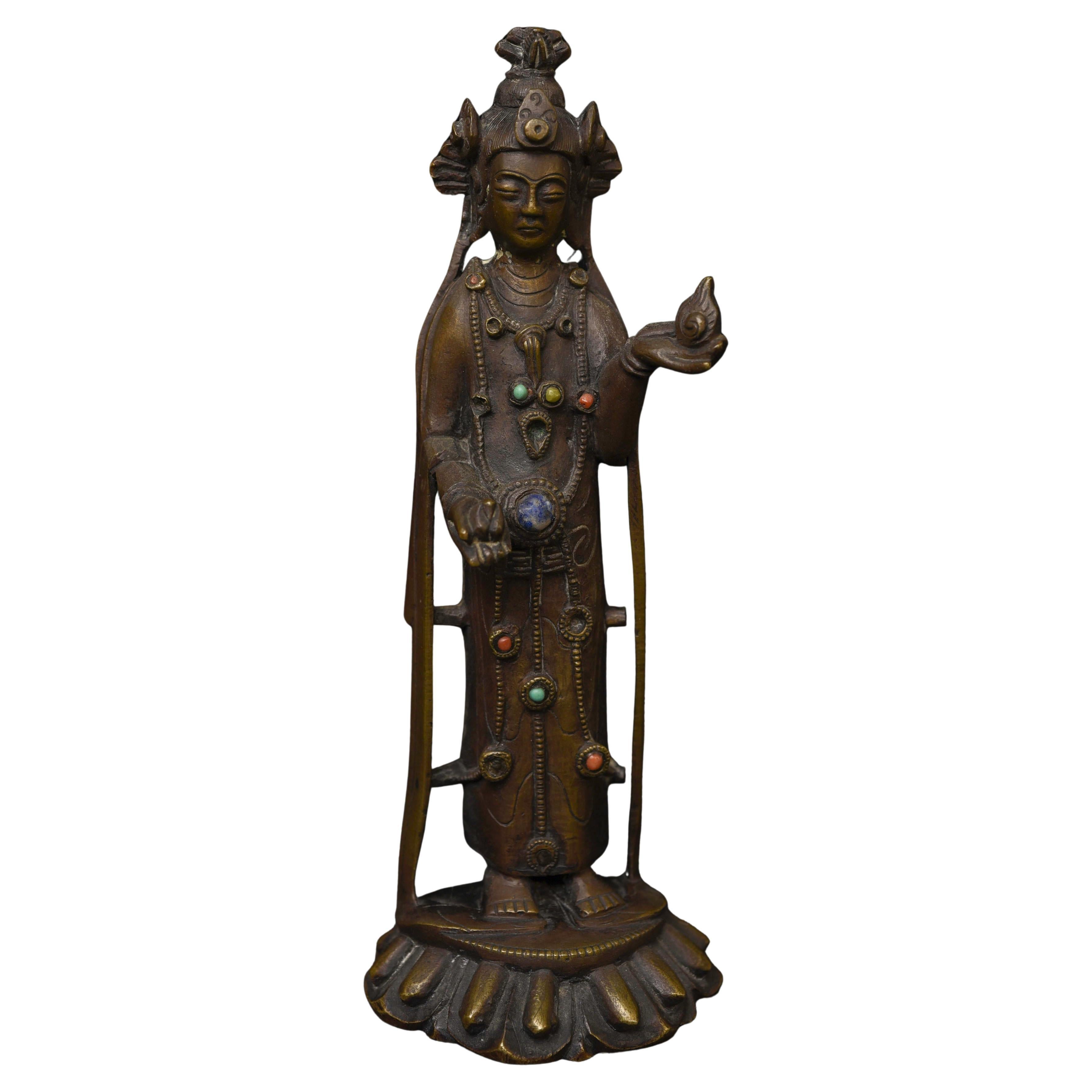 9thC or Later Korean Bronze Buddha Bodhisattva. Solid Cast, Stones. Finely Cast. For Sale