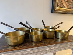 9x Antique French Copper Saucepans Set
