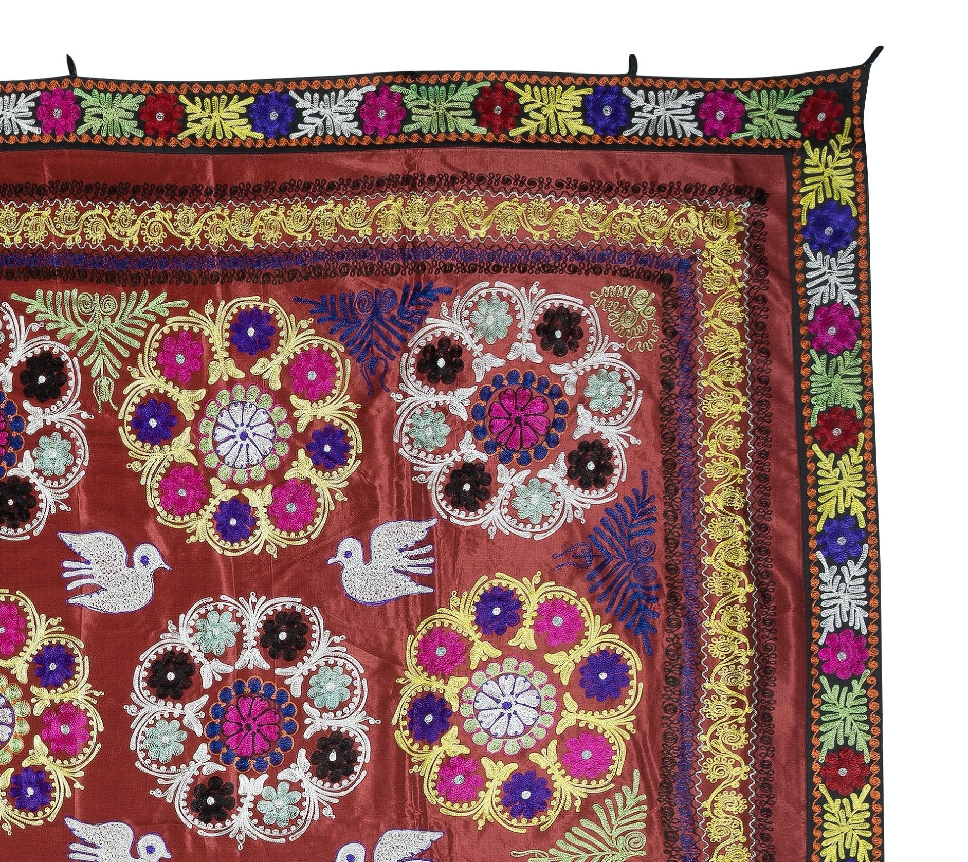 Suzani 9x10.2 Ft Magnificent Silk Embroidery Wall Hanging. Dark Red Large Bed Cover For Sale