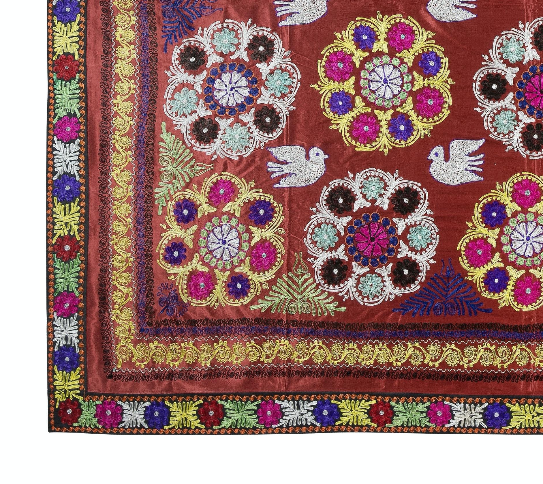 Central Asian 9x10.2 Ft Magnificent Silk Embroidery Wall Hanging. Dark Red Large Bed Cover For Sale