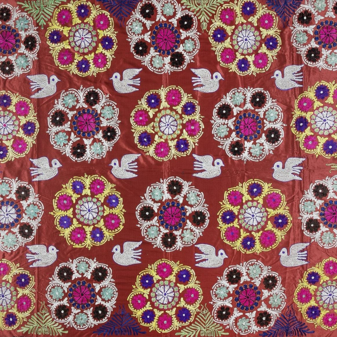 Embroidered 9x10.2 Ft Magnificent Silk Embroidery Wall Hanging. Dark Red Large Bed Cover For Sale