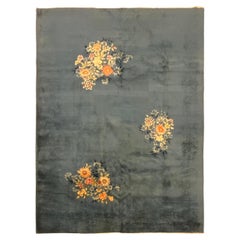 9x11 Antique Art Deco Chinese Rug Floral Blue 267cm x 345cm C.1930