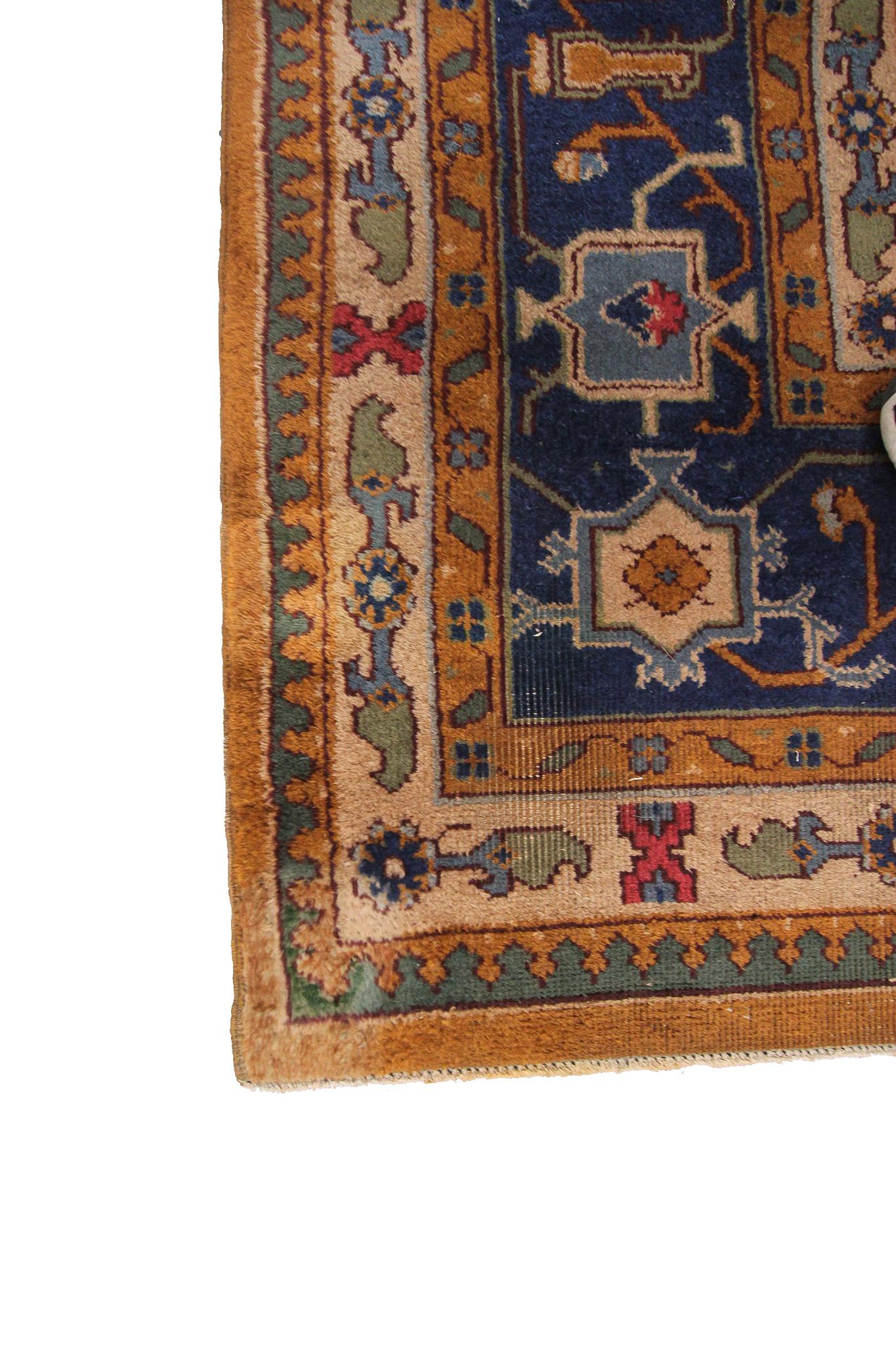 Hand-Knotted Antique Heriz Serapi Geometric Design Blue Brown 1900, Antique Persian For Sale