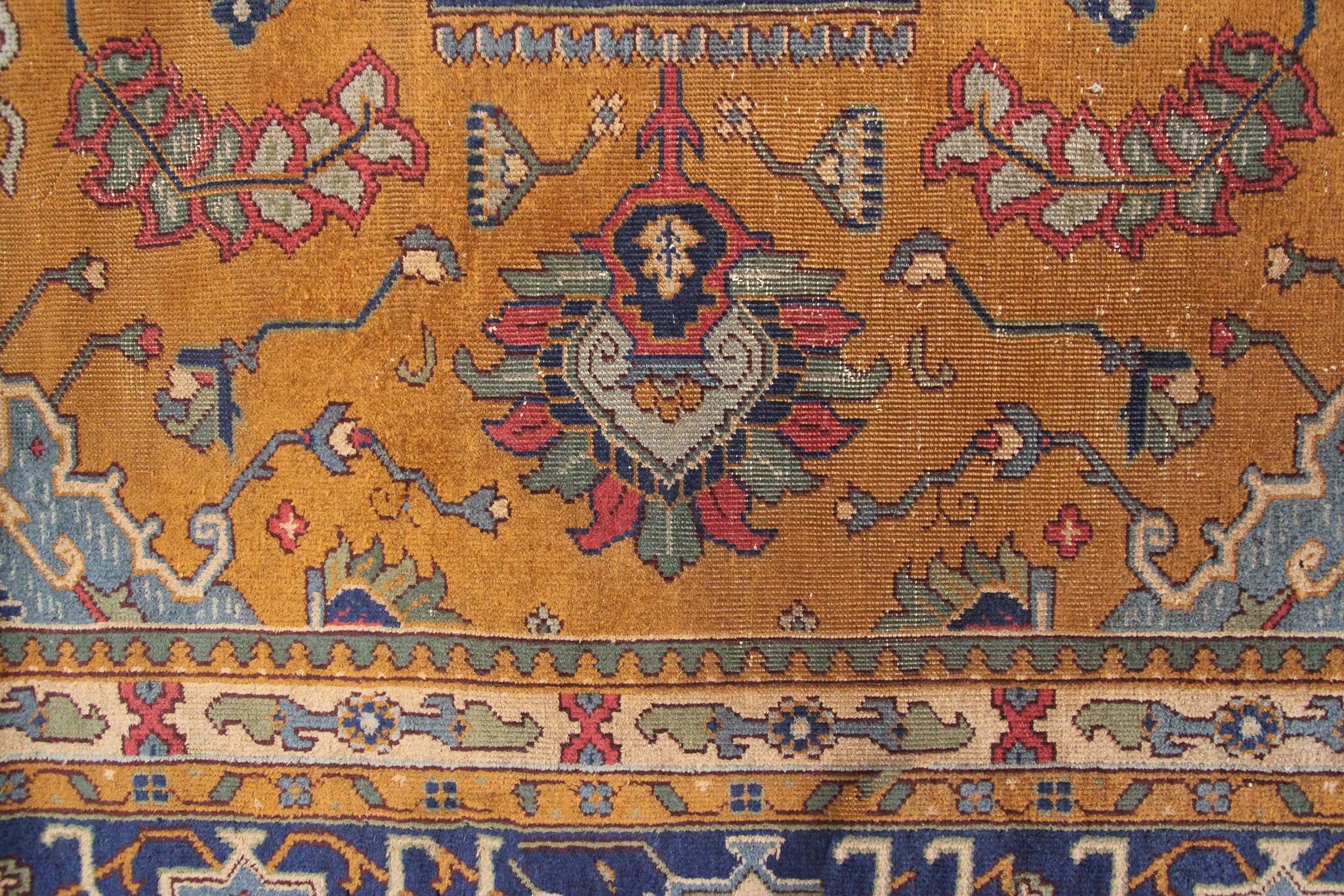 Wool Antique Heriz Serapi Geometric Design Blue Brown 1900, Antique Persian For Sale