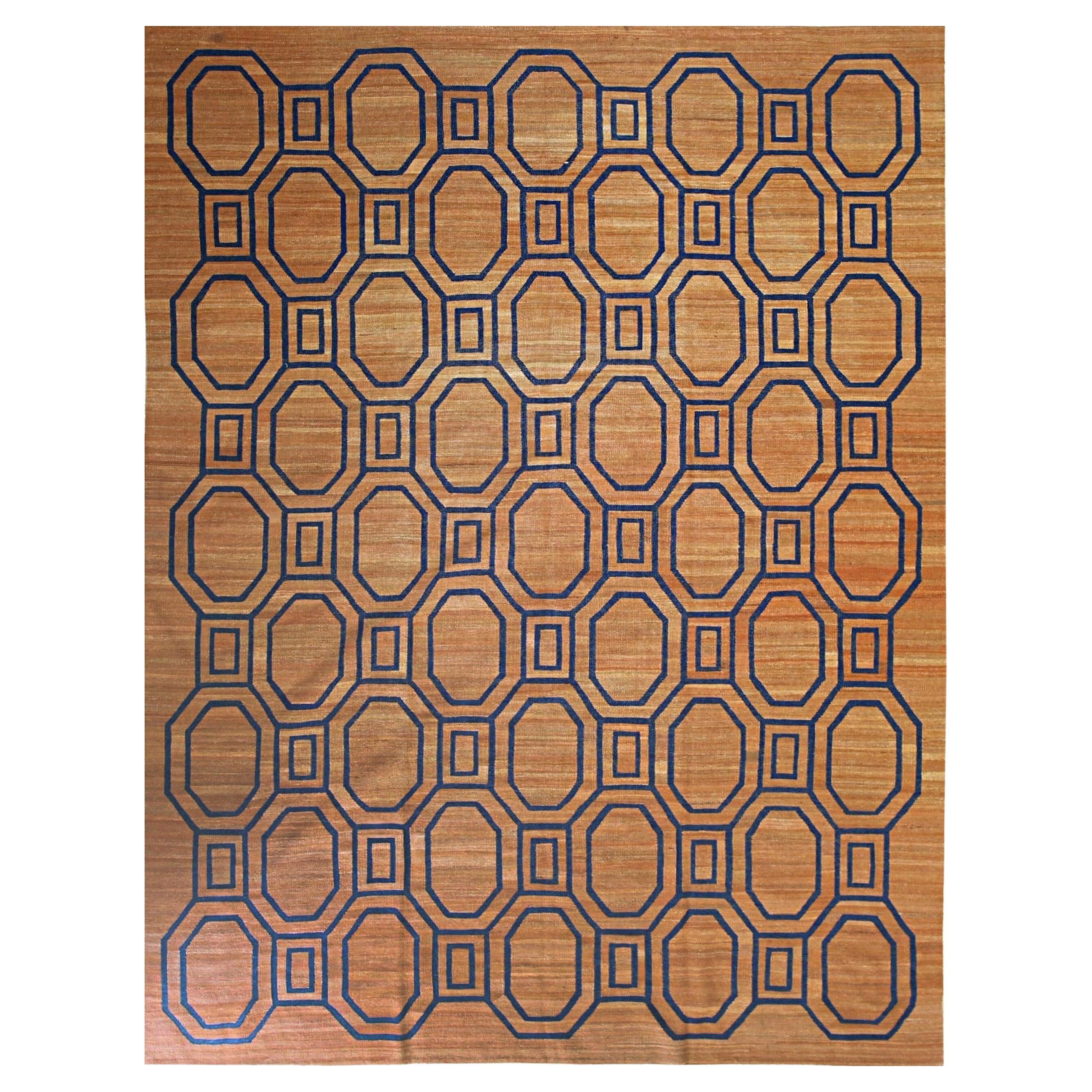 9x11 Brown Flat Weave Wool Linked Octagons Geometric Modern Carpet Rug