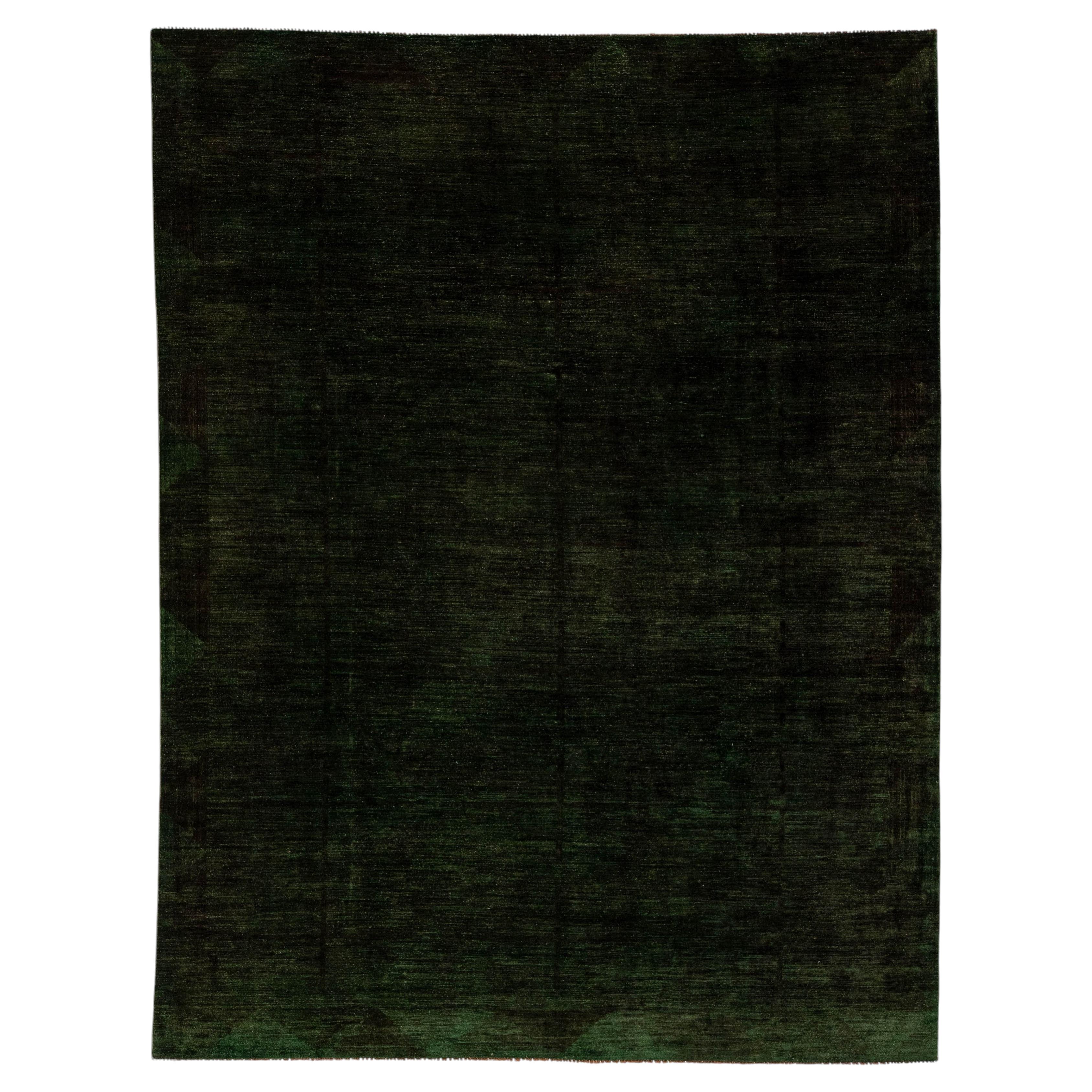9x11 Modern Forest Green Overdyed Area Rug - Hand-Knotted Wool Transition Decor