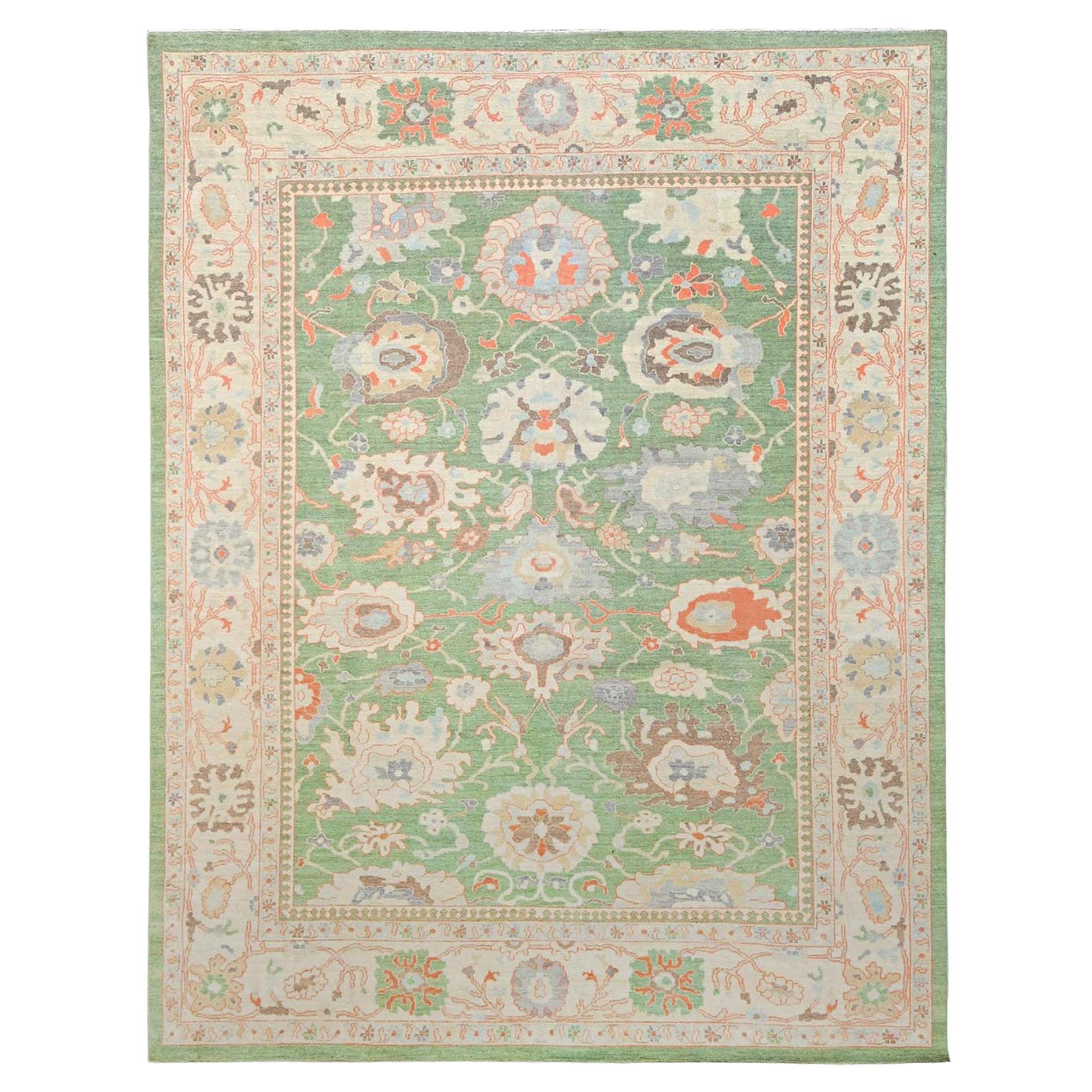 9
x11
10" Basil Green Oushak Design White Wash Peshawar Hand Knotted Wool Rug For Sale